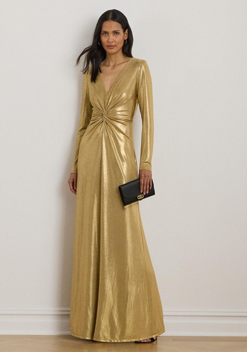 Womens Metallic Jersey Twist-Front Gown
