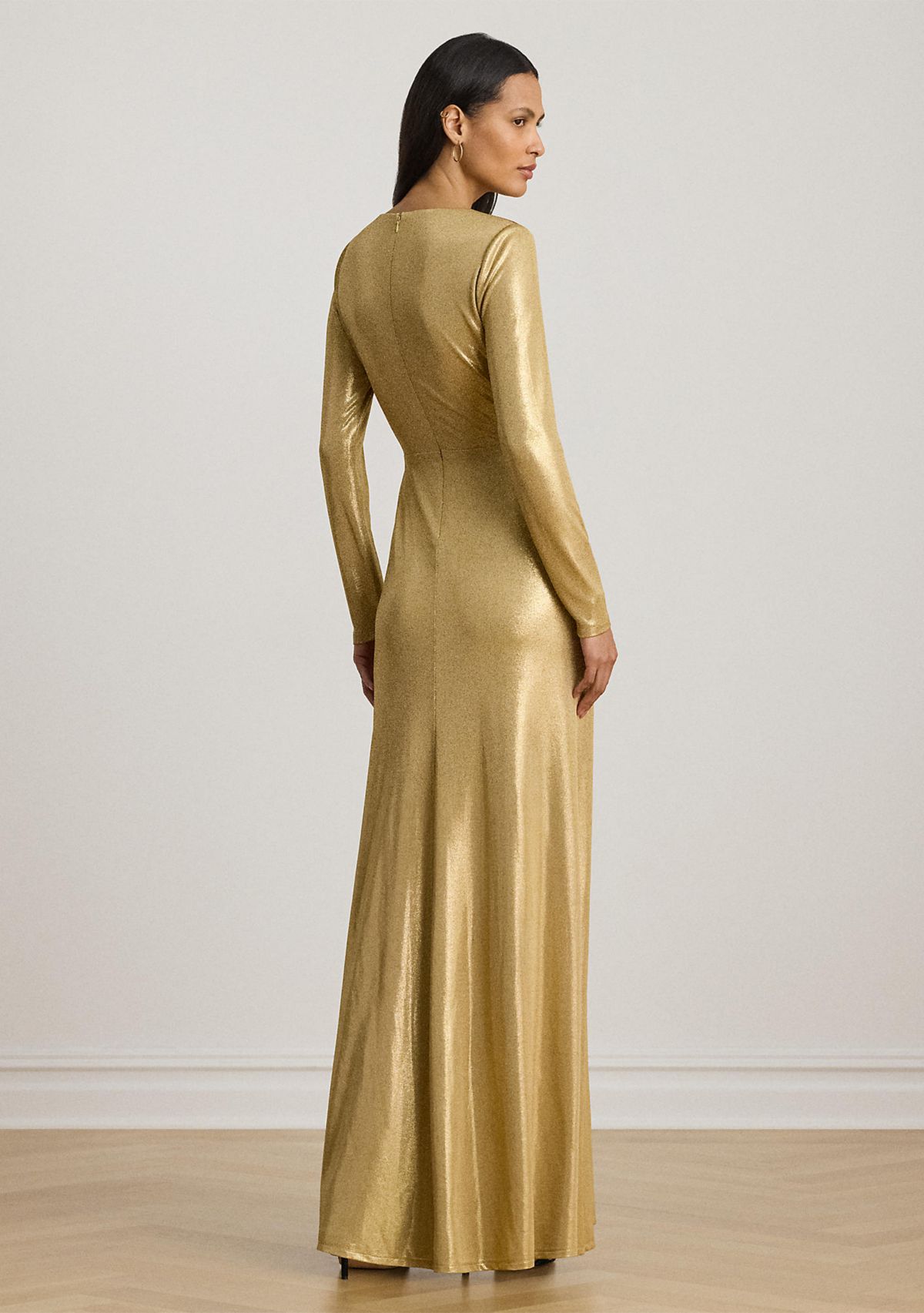 Womens Metallic Jersey Twist-Front Gown