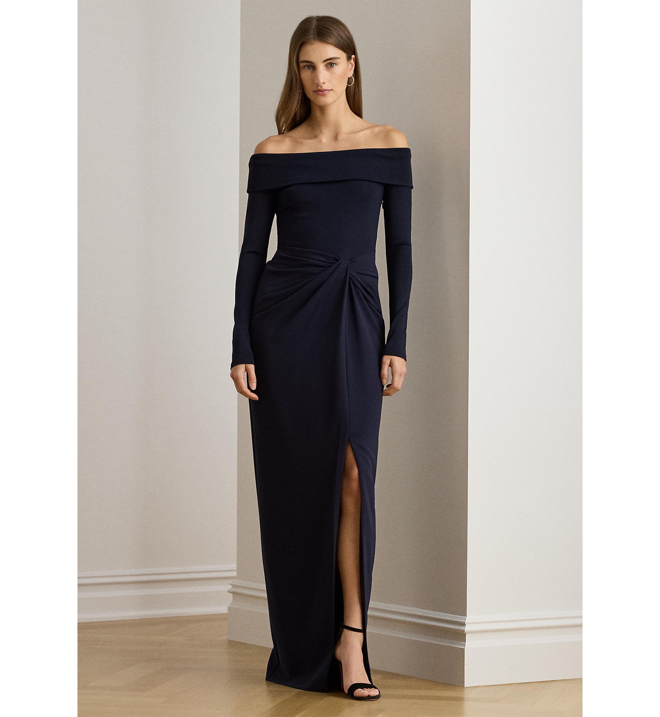 Rib-Knit & Crepe Off-the-Shoulder Gown