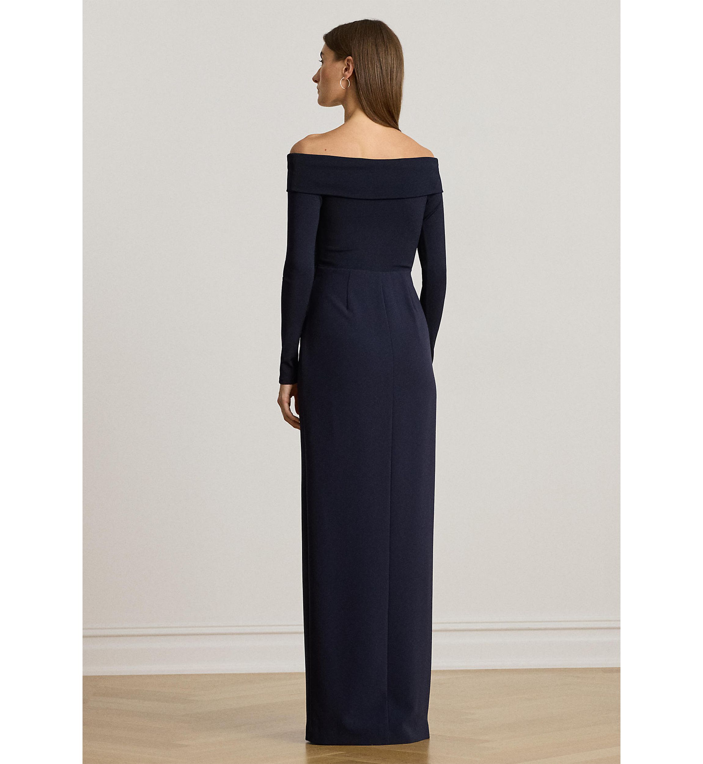 Rib-Knit & Crepe Off-the-Shoulder Gown