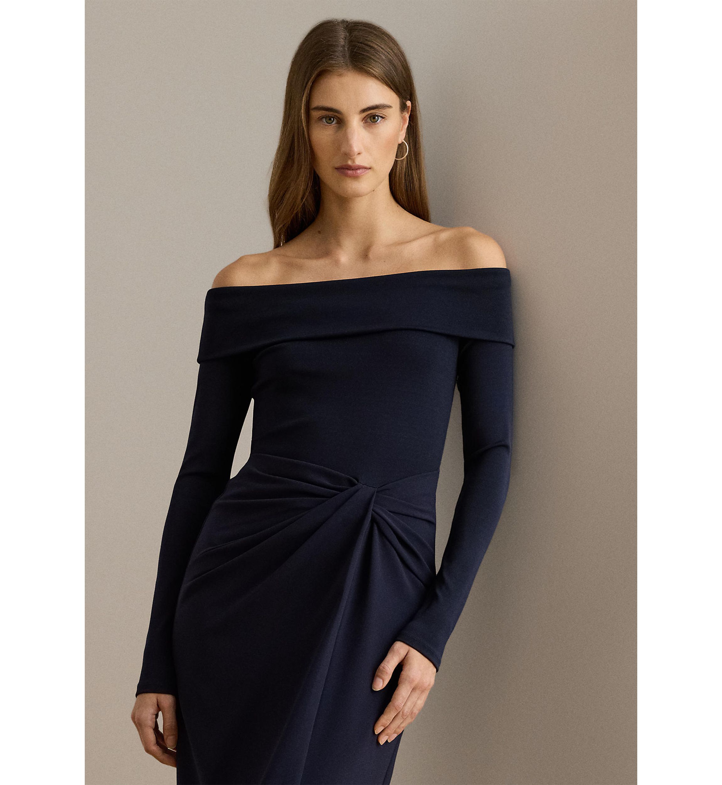 Rib-Knit & Crepe Off-the-Shoulder Gown