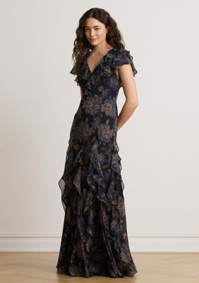 Lauren Ralph Lauren Women's Floral Ruffle-Trim Georgette Gown, Navy Blue, 8