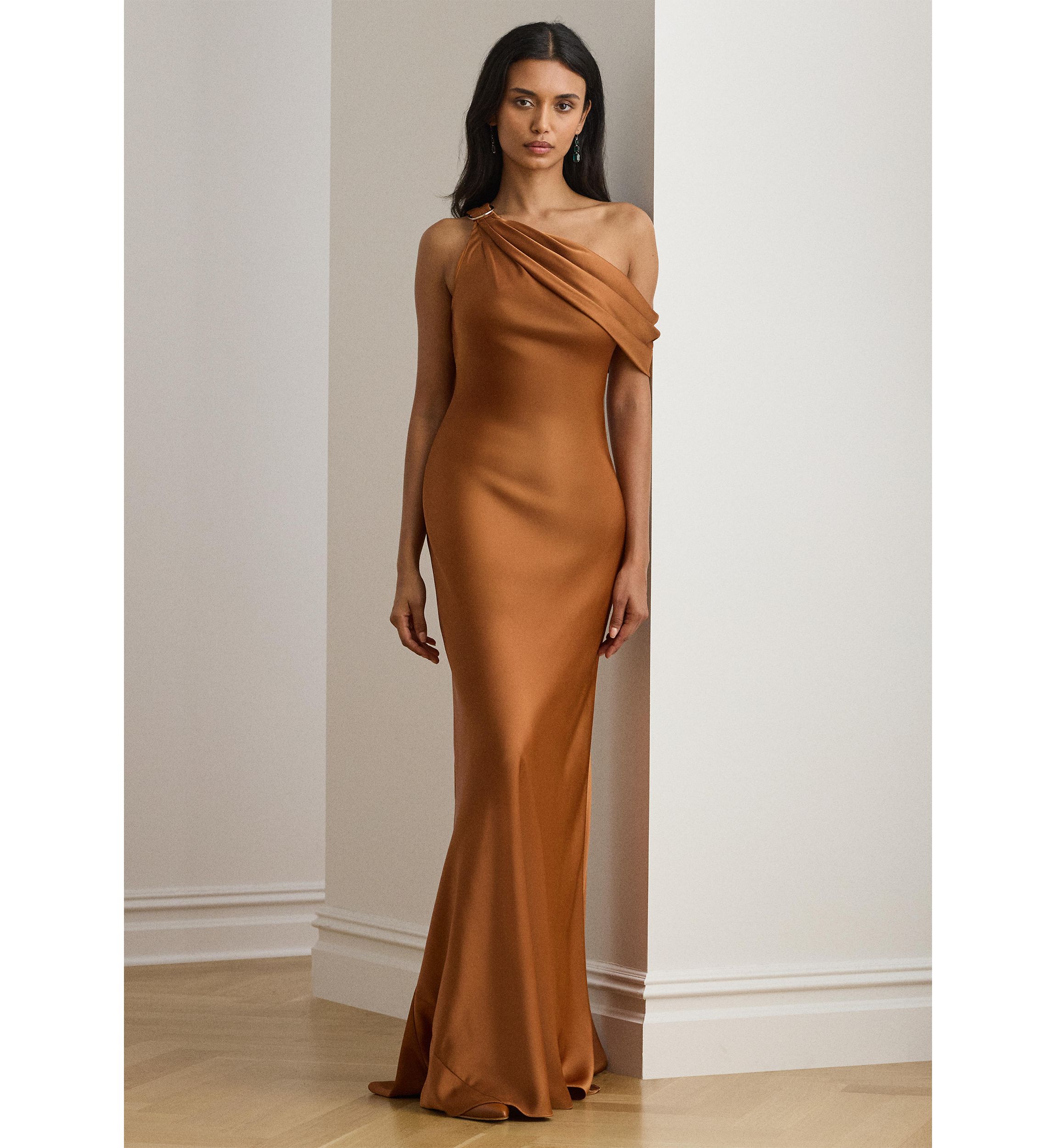 Buckle-Trim Satin Off-the-Shoulder Gown