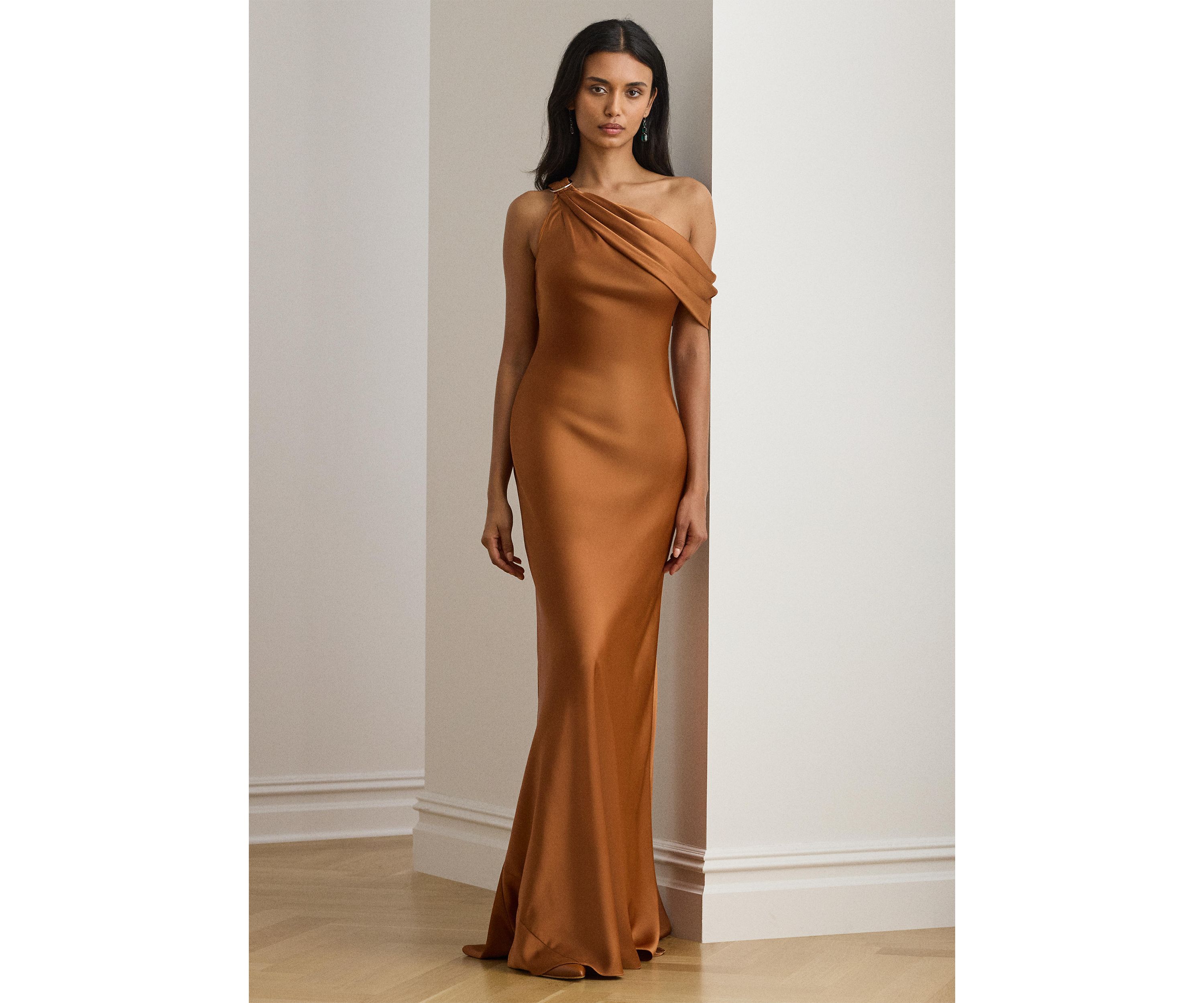 Buckle-Trim Satin Off-the-Shoulder Gown