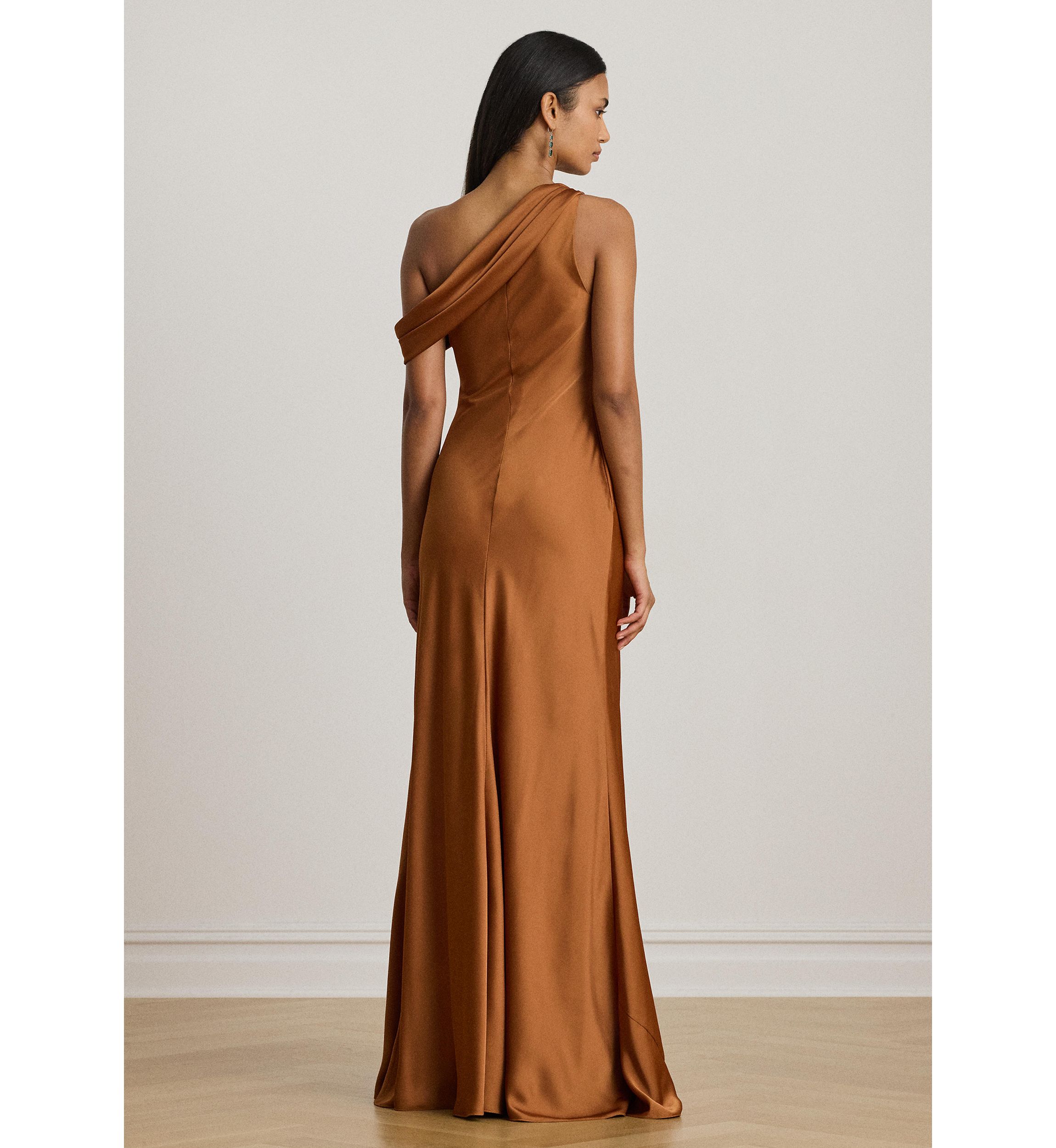 Buckle-Trim Satin Off-the-Shoulder Gown