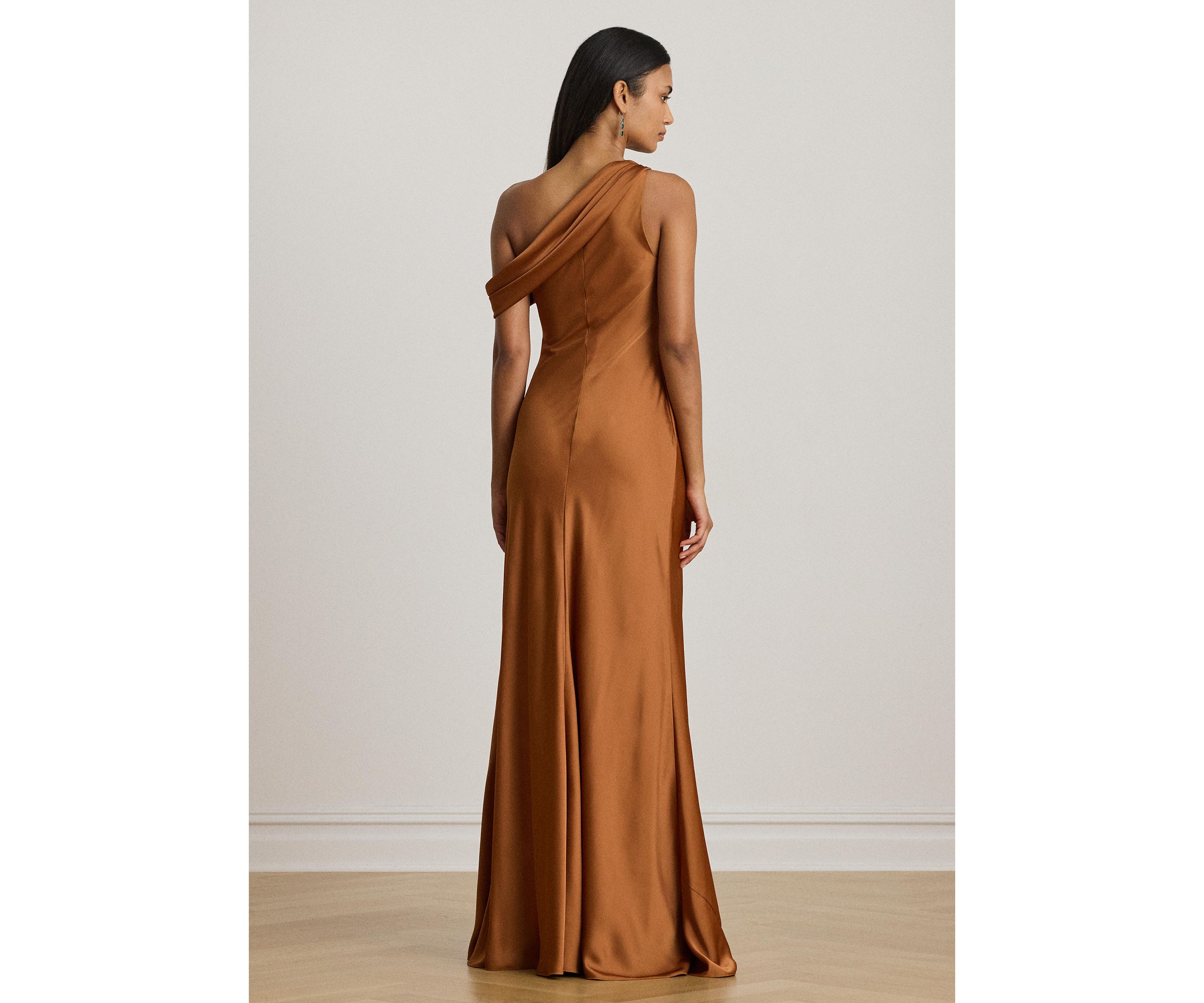 Buckle-Trim Satin Off-the-Shoulder Gown