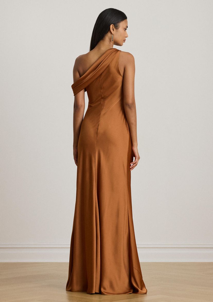 Buckle-Trim Satin Off-the-Shoulder Gown