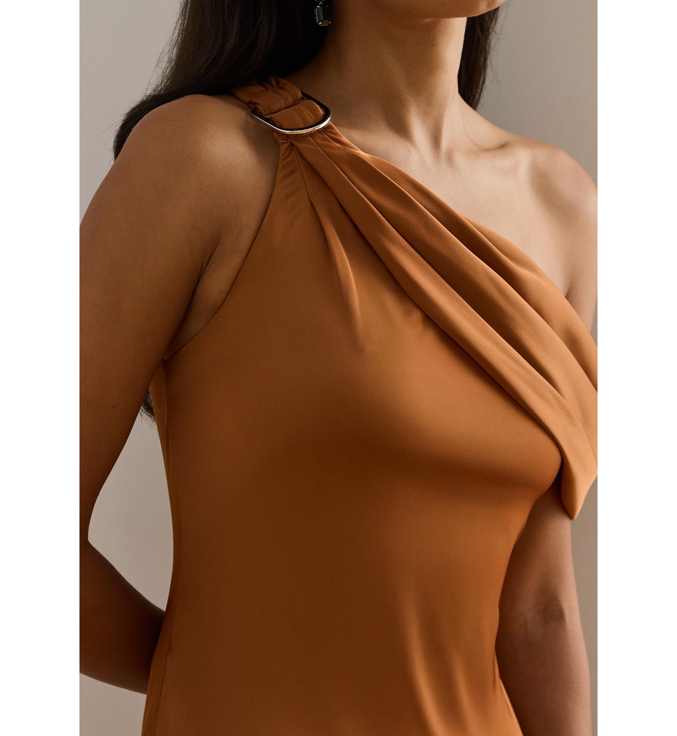 Buckle-Trim Satin Off-the-Shoulder Gown