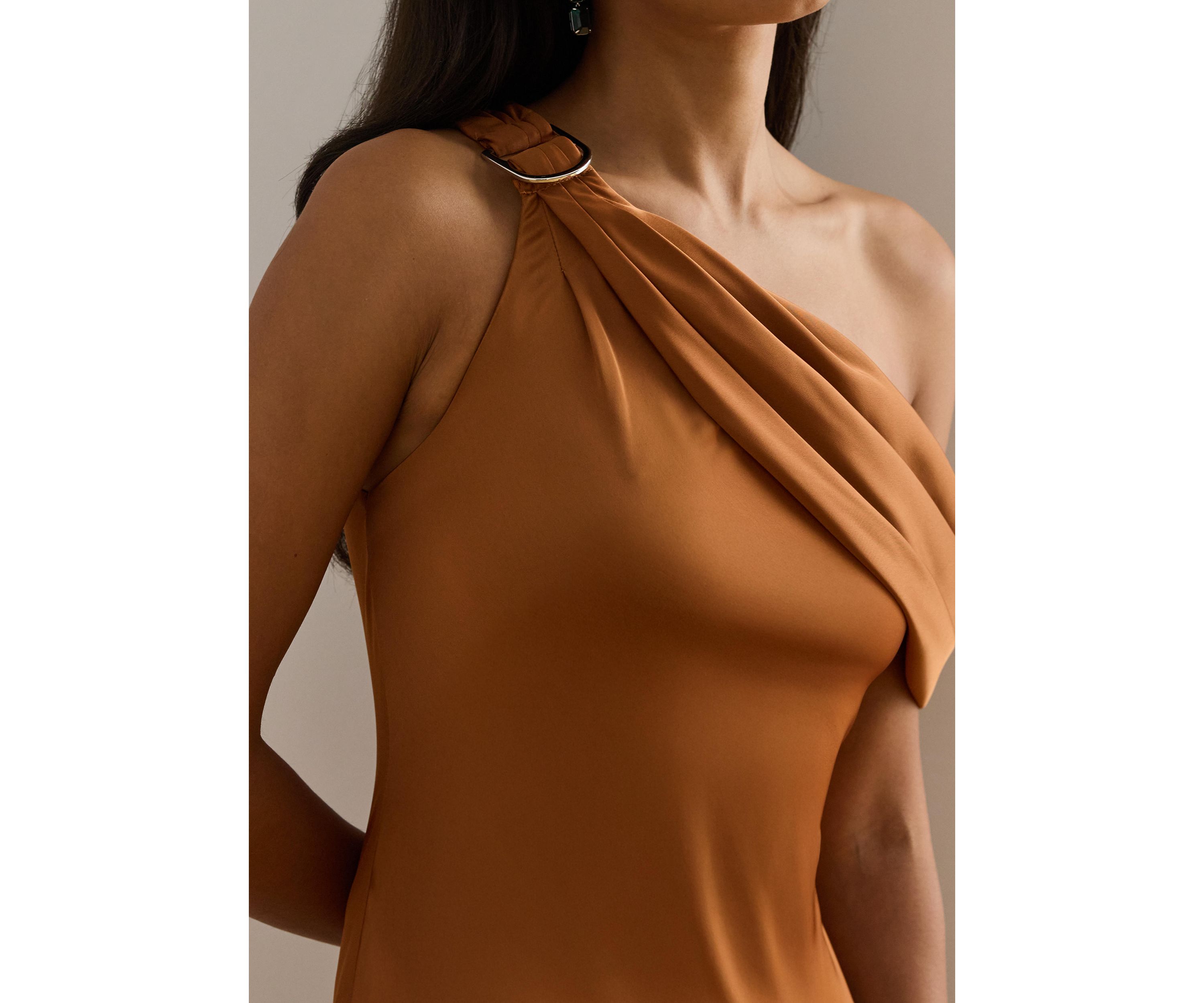 Buckle-Trim Satin Off-the-Shoulder Gown