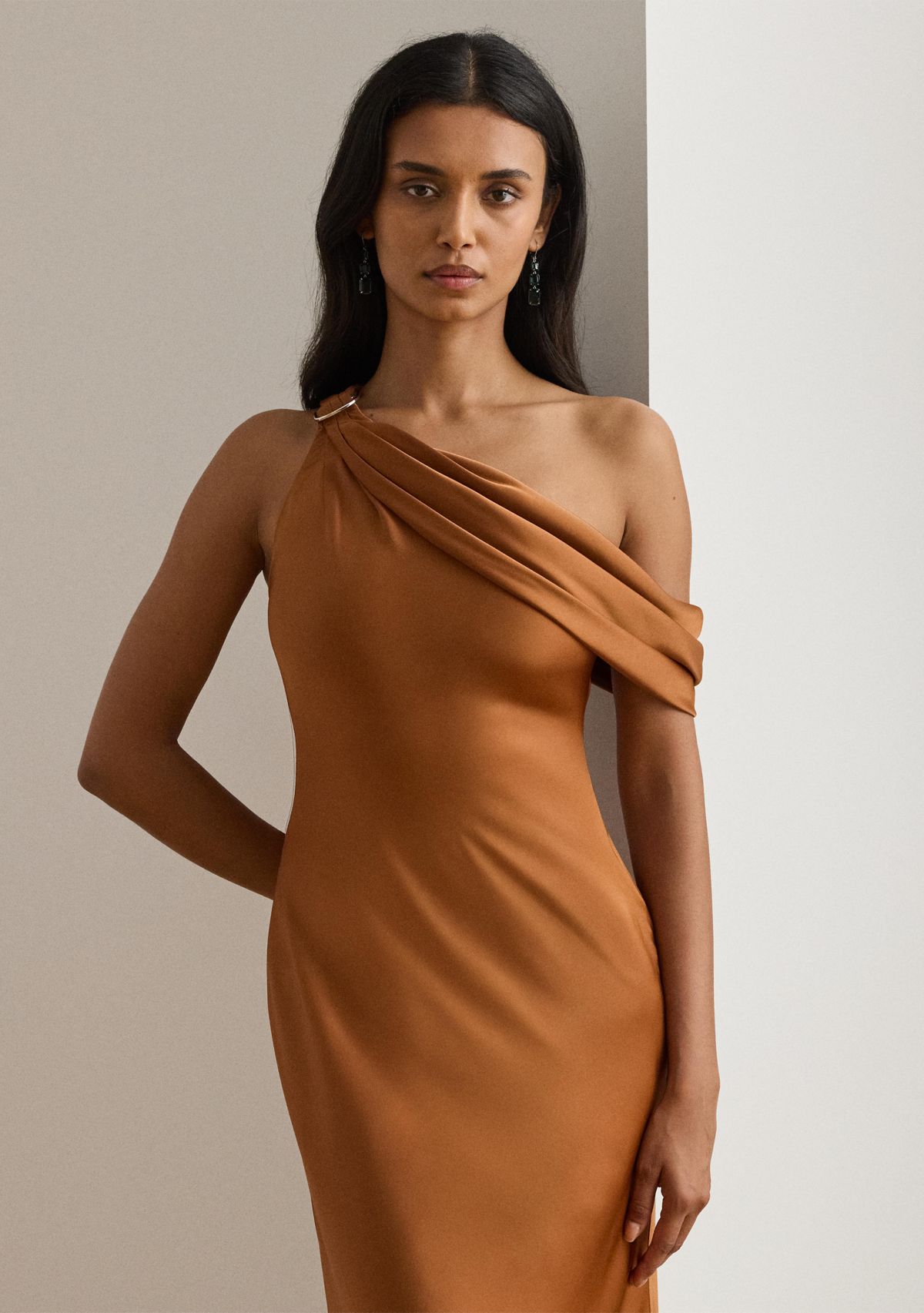 Buckle-Trim Satin Off-the-Shoulder Gown