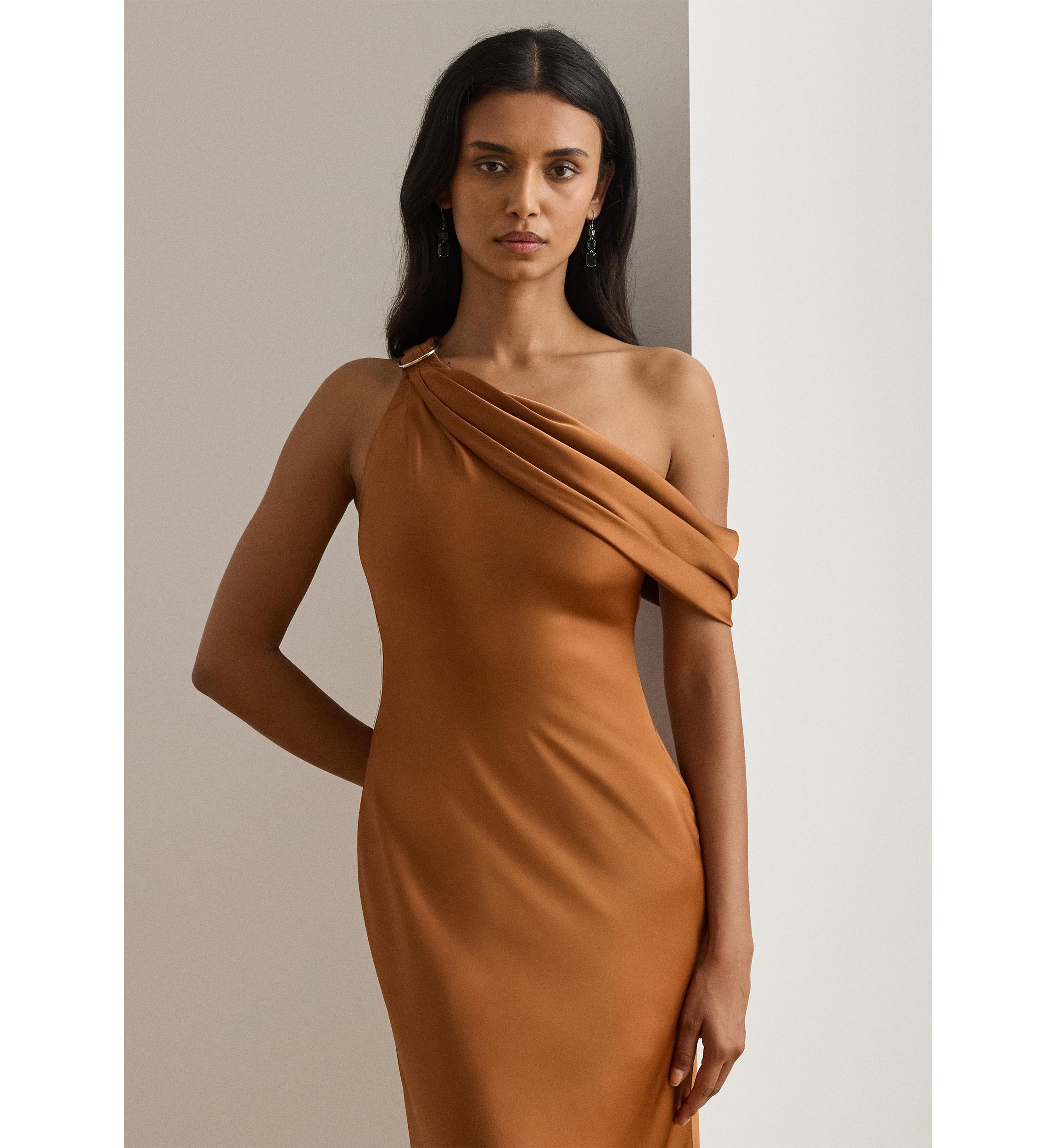 Buckle-Trim Satin Off-the-Shoulder Gown