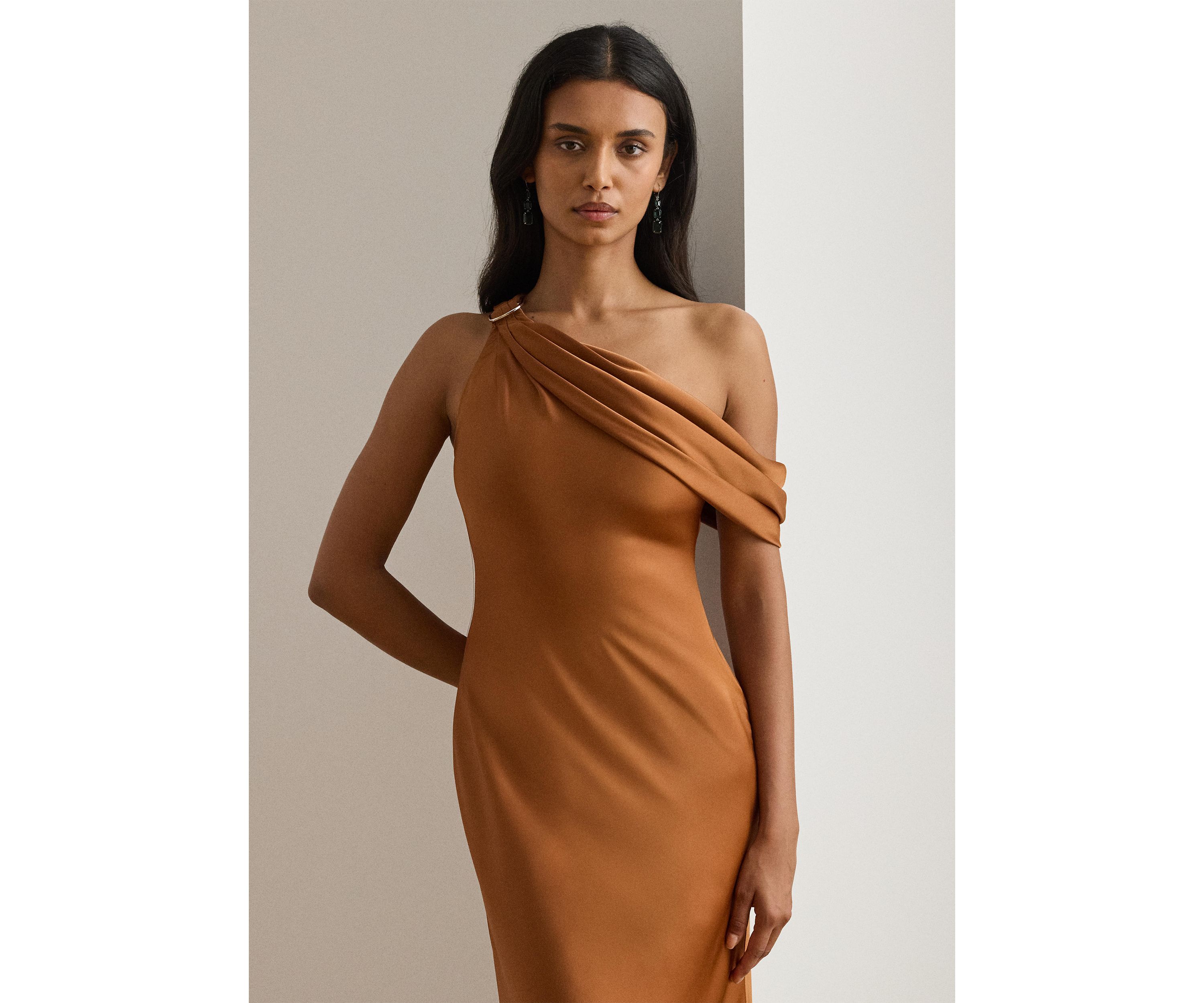 Buckle-Trim Satin Off-the-Shoulder Gown