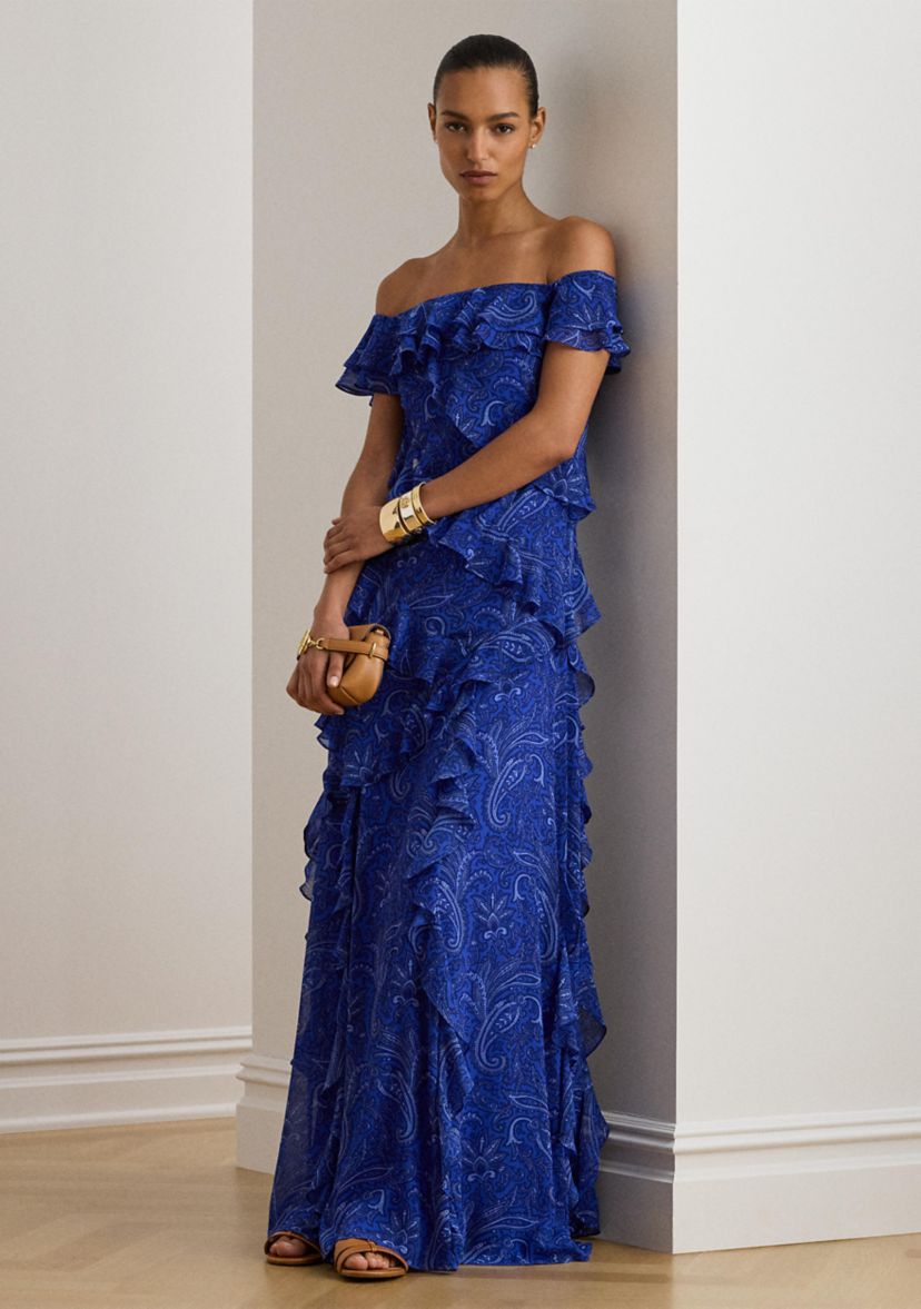 Womens Printed Ruffle-Trim Off-the-Shoulder Gown