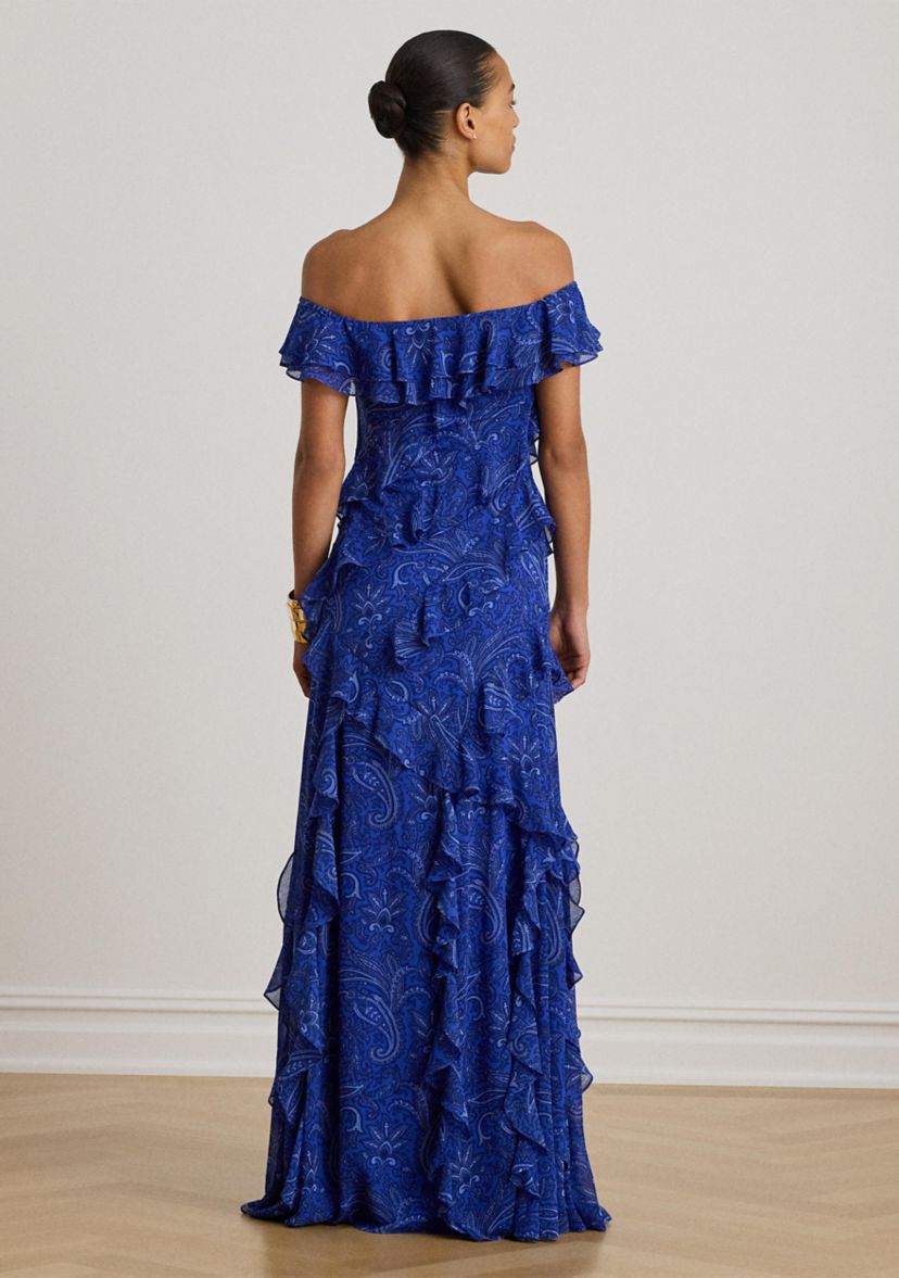 Womens Printed Ruffle-Trim Off-the-Shoulder Gown