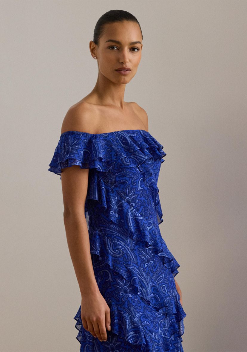 Womens Printed Ruffle-Trim Off-the-Shoulder Gown