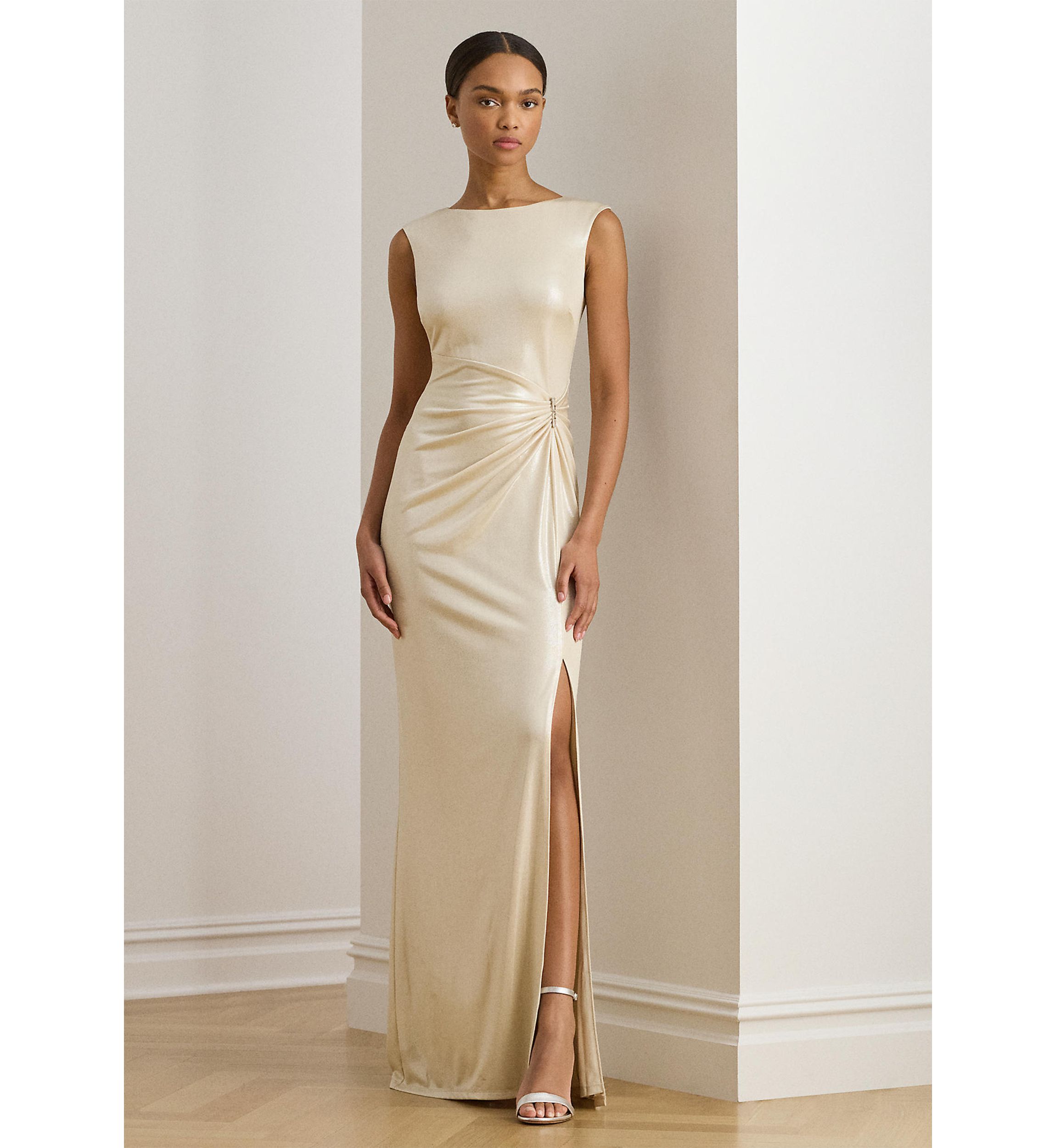 Womens Buckle-Trim Metallic Jersey Gown