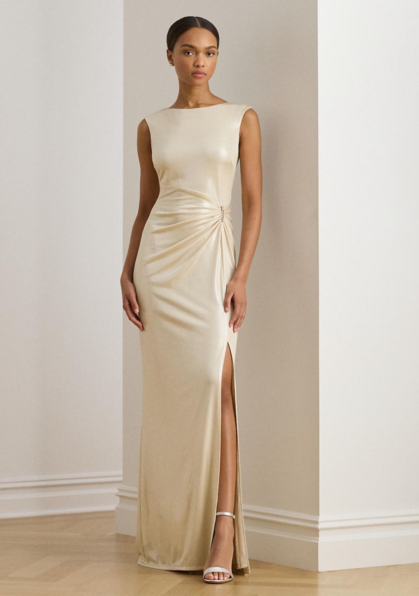 Womens Buckle-Trim Metallic Jersey Gown