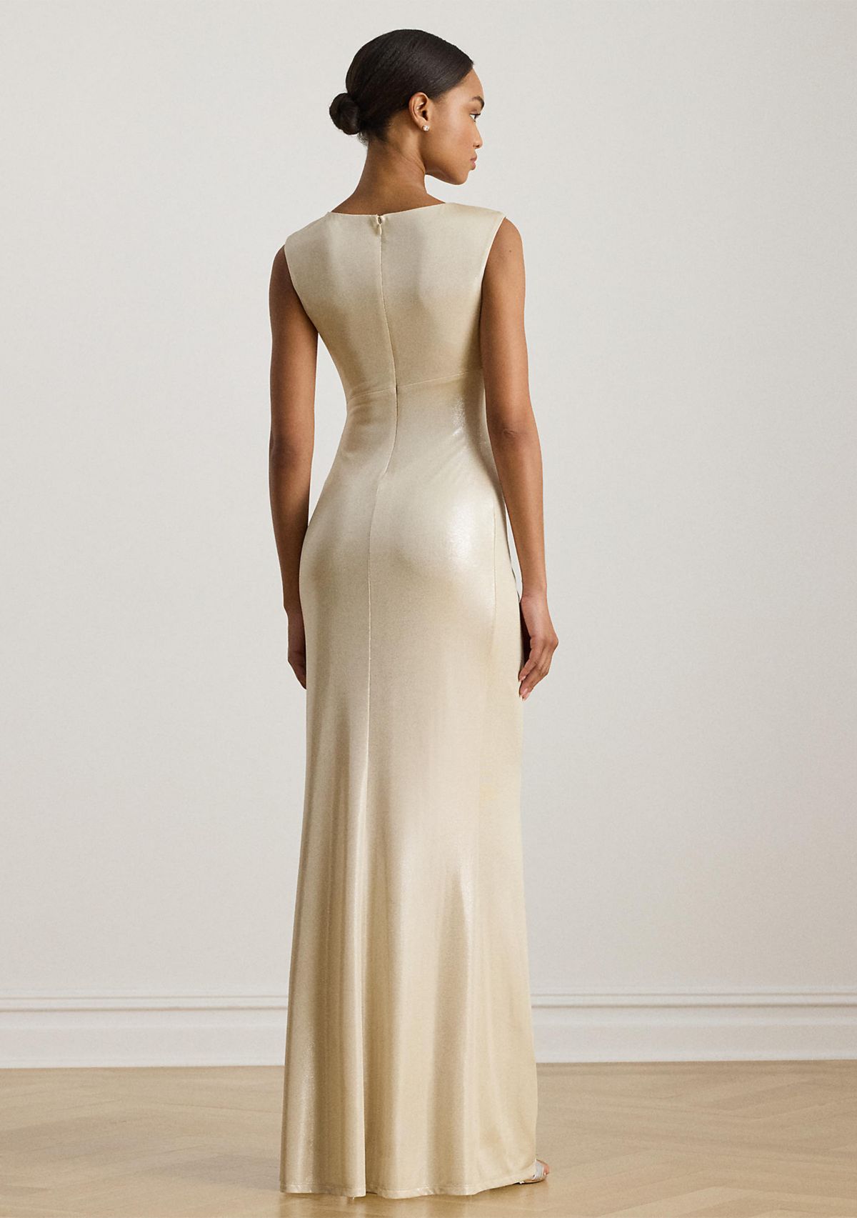 Womens Buckle-Trim Metallic Jersey Gown