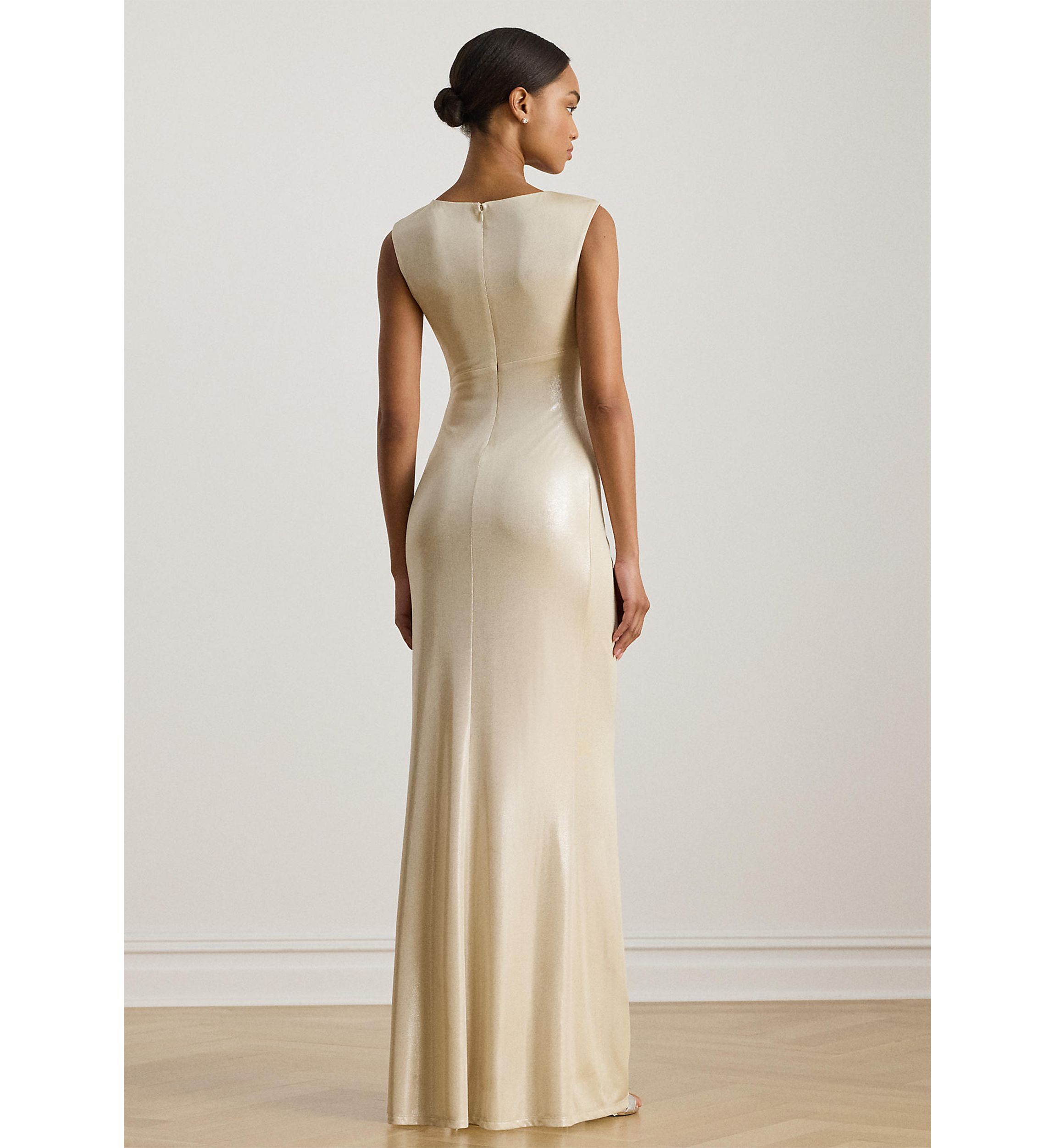 Womens Buckle-Trim Metallic Jersey Gown