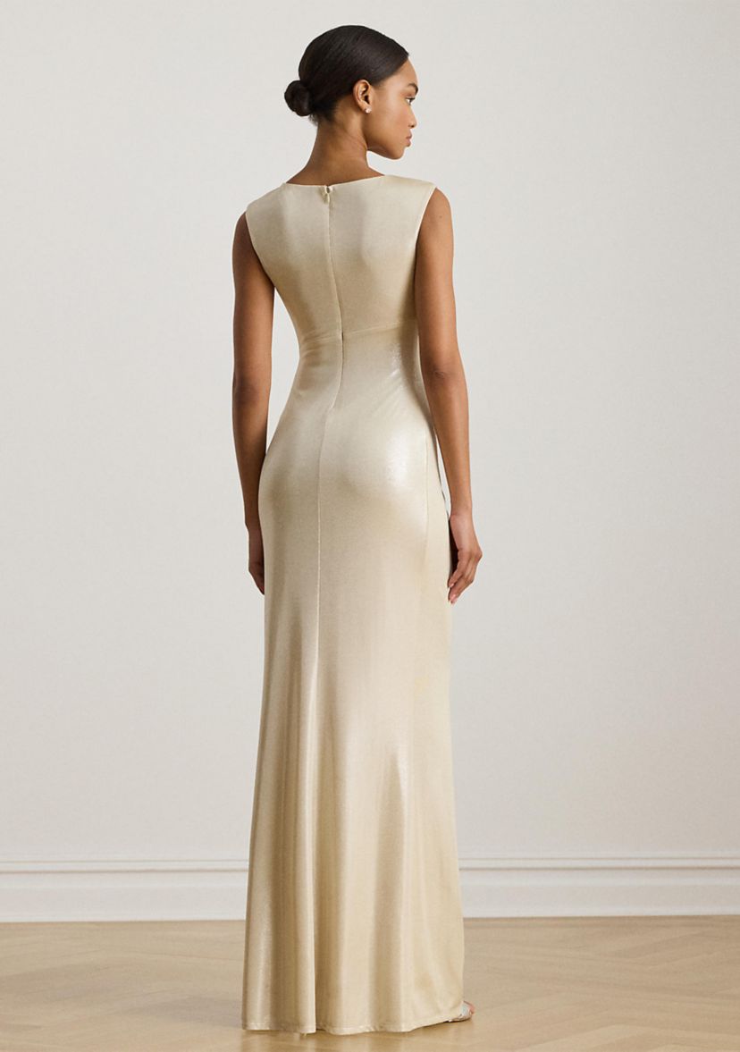 Womens Buckle-Trim Metallic Jersey Gown