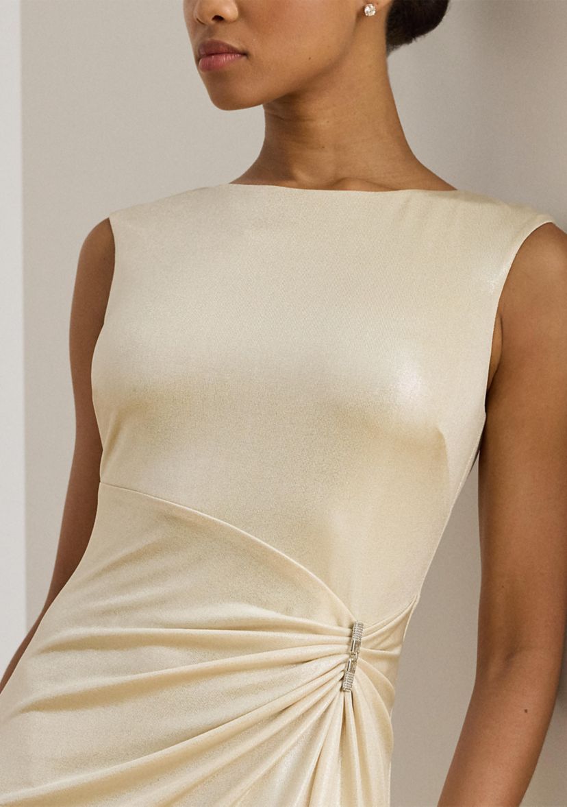 Womens Buckle-Trim Metallic Jersey Gown