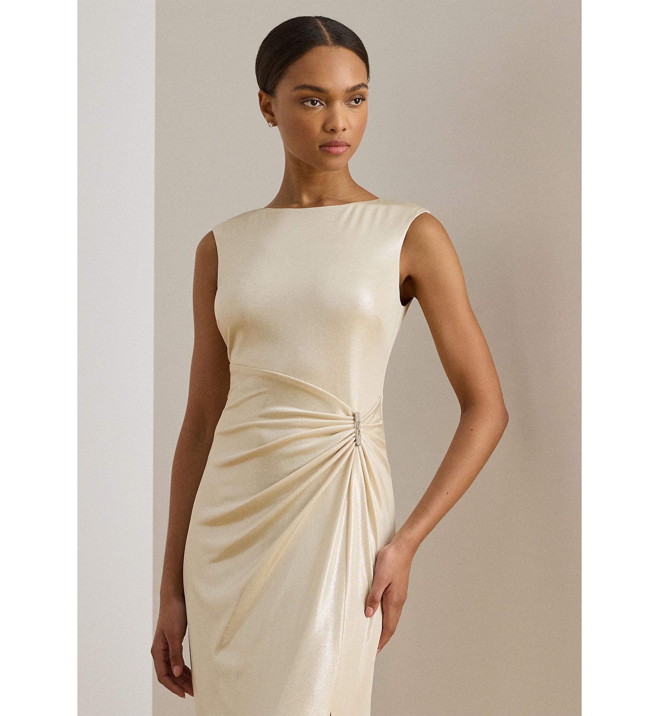 Womens Buckle-Trim Metallic Jersey Gown