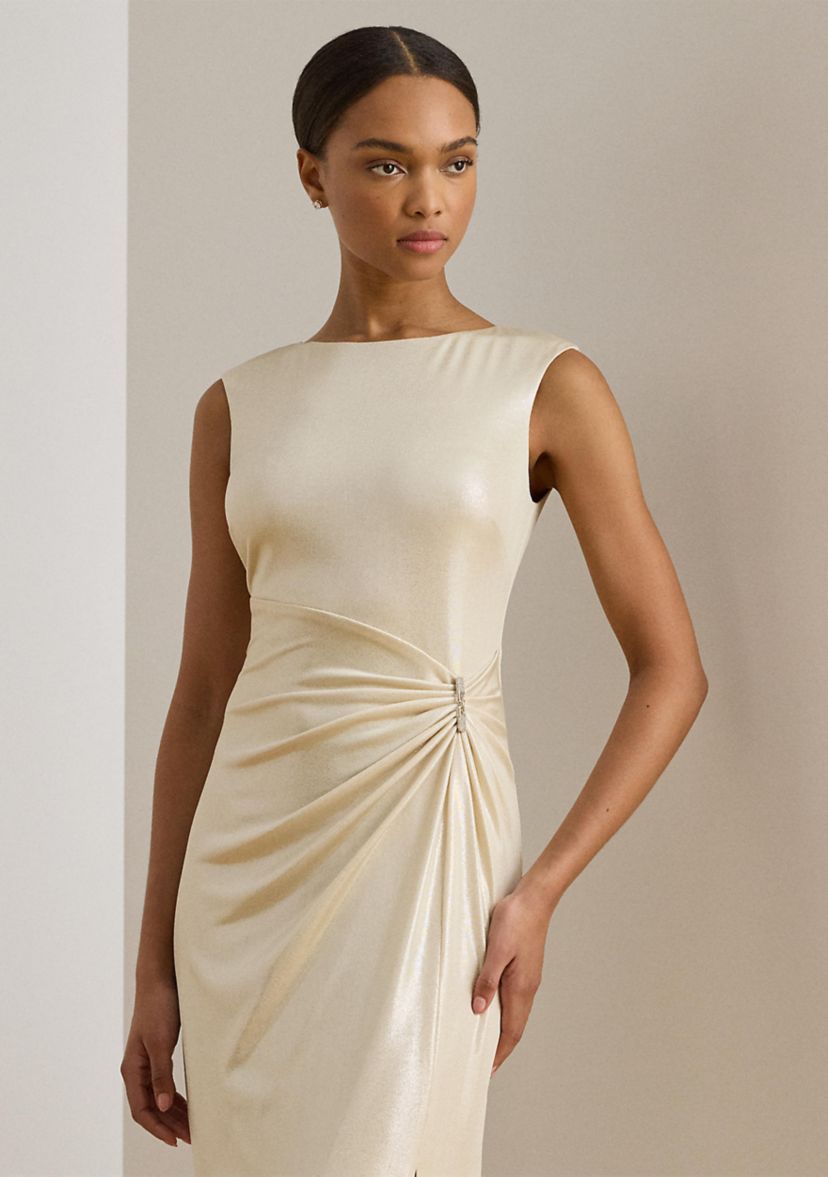 Womens Buckle-Trim Metallic Jersey Gown