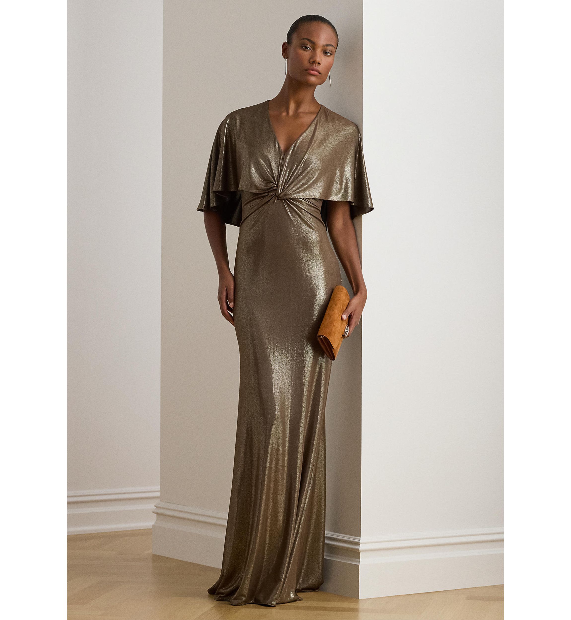 Metallic Jersey Twist-Front Cape Gown