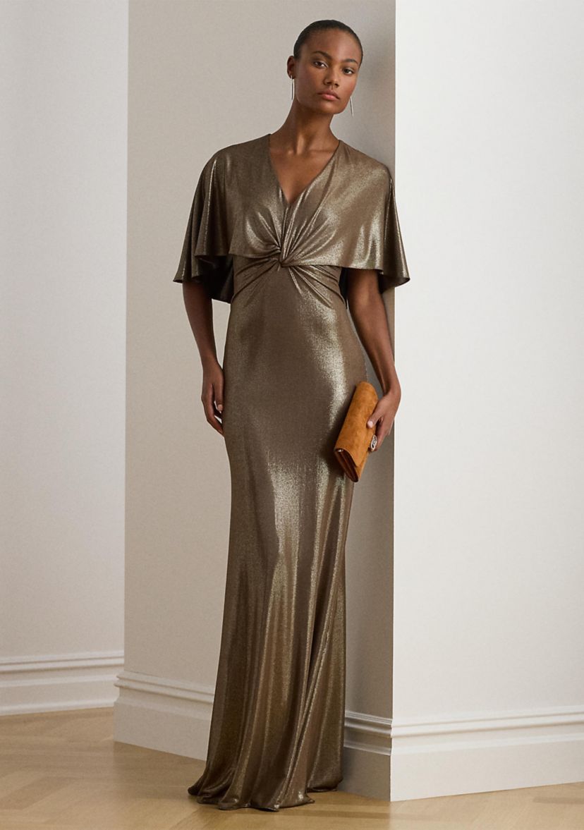 Metallic Jersey Twist-Front Cape Gown