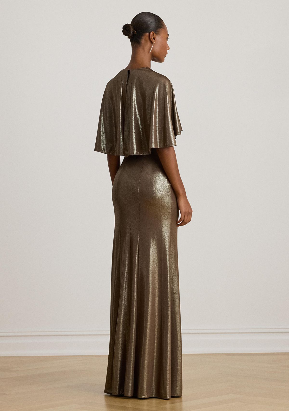 Metallic Jersey Twist-Front Cape Gown