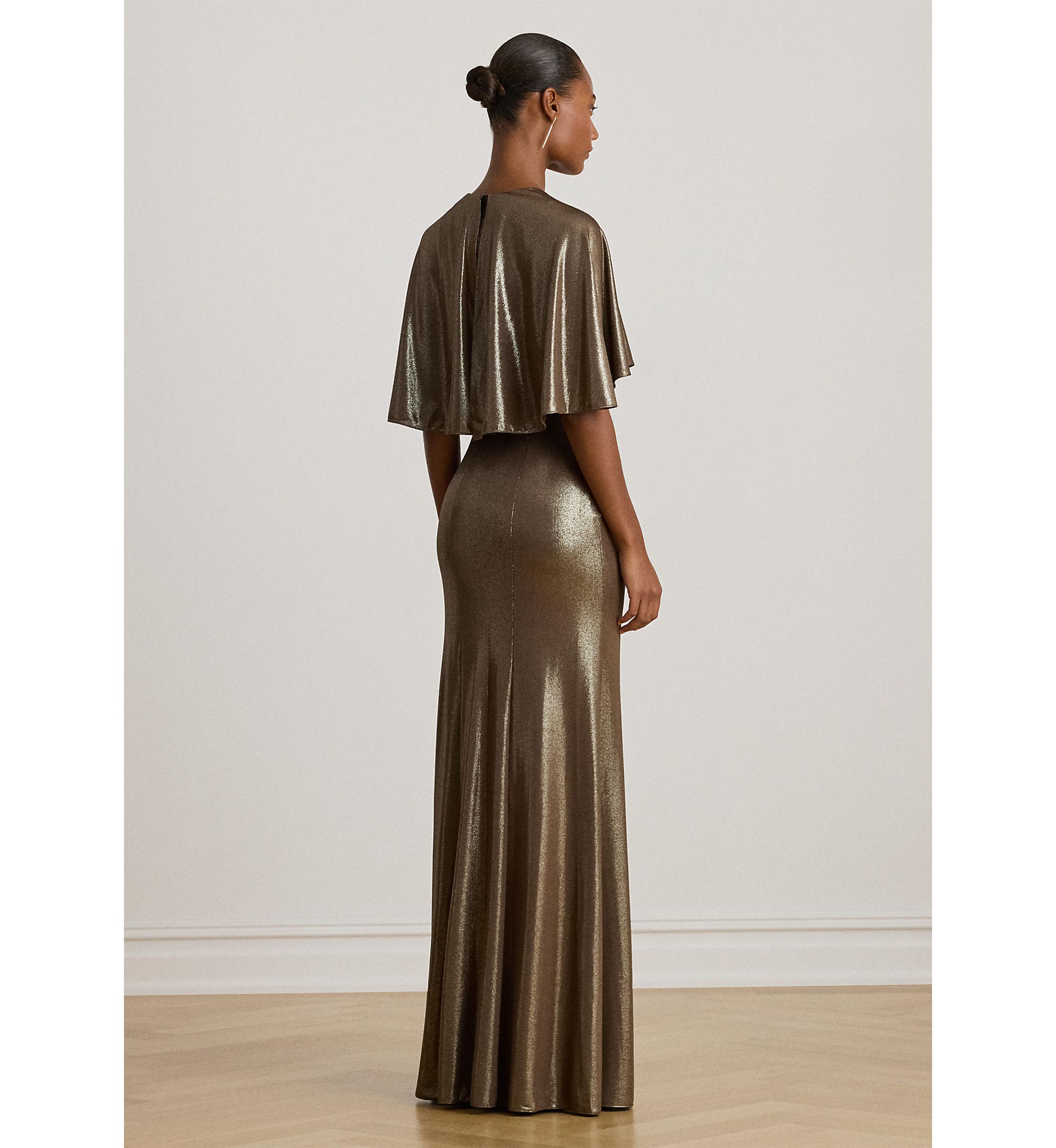 Metallic Jersey Twist-Front Cape Gown