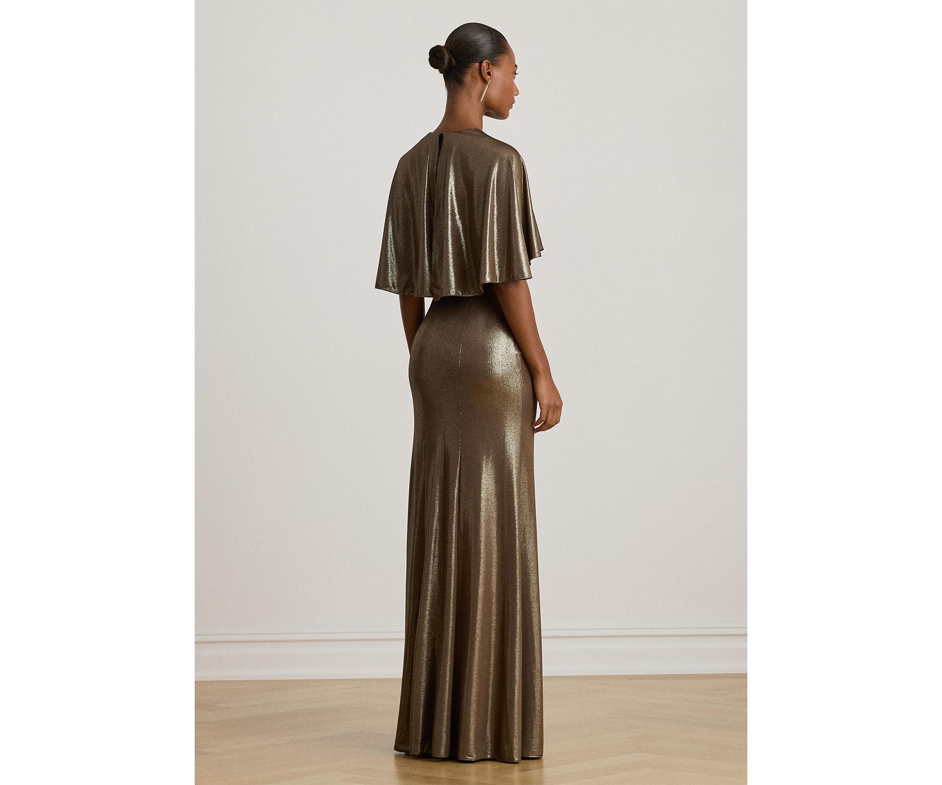 Metallic Jersey Twist-Front Cape Gown