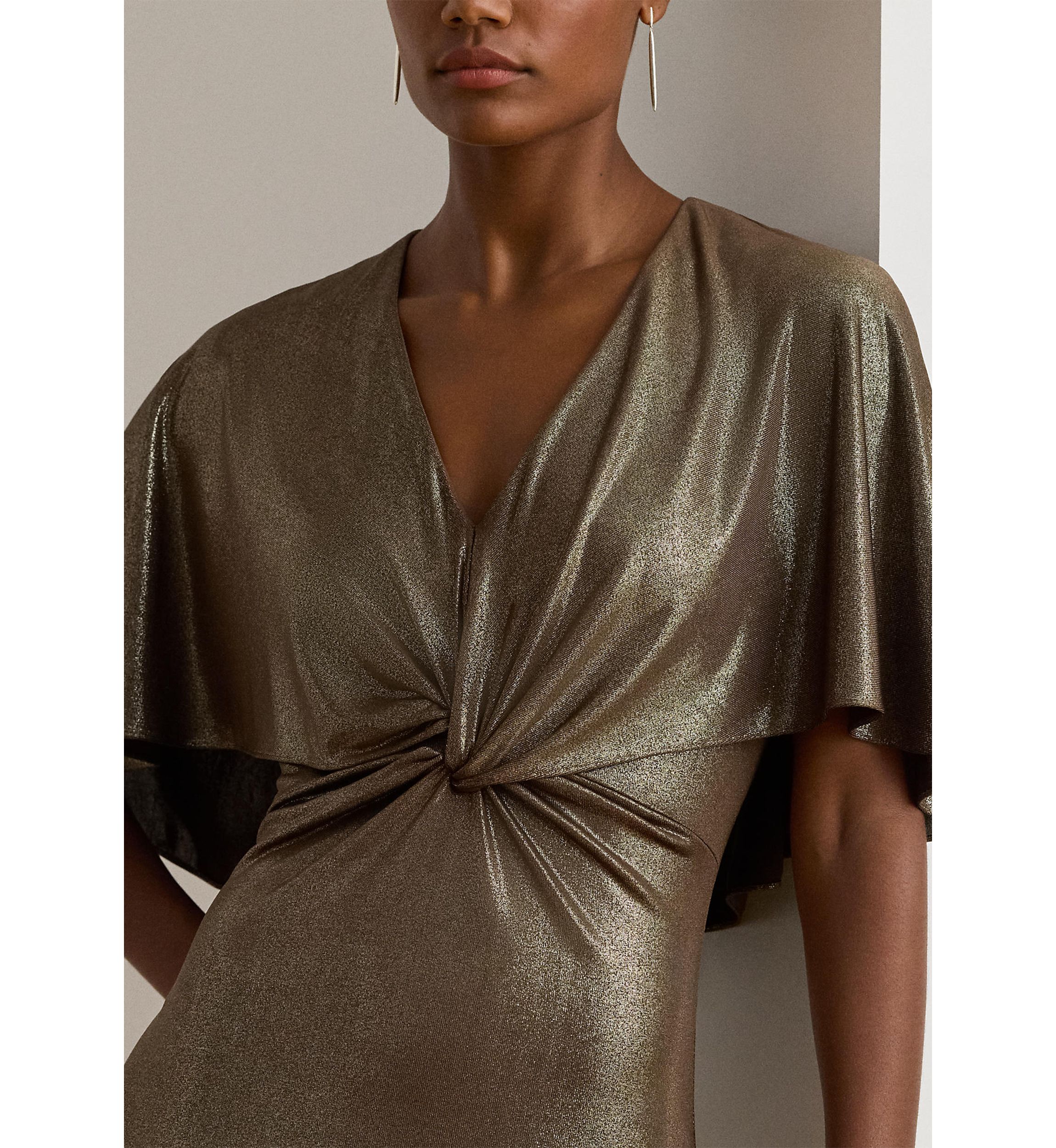 Metallic Jersey Twist-Front Cape Gown