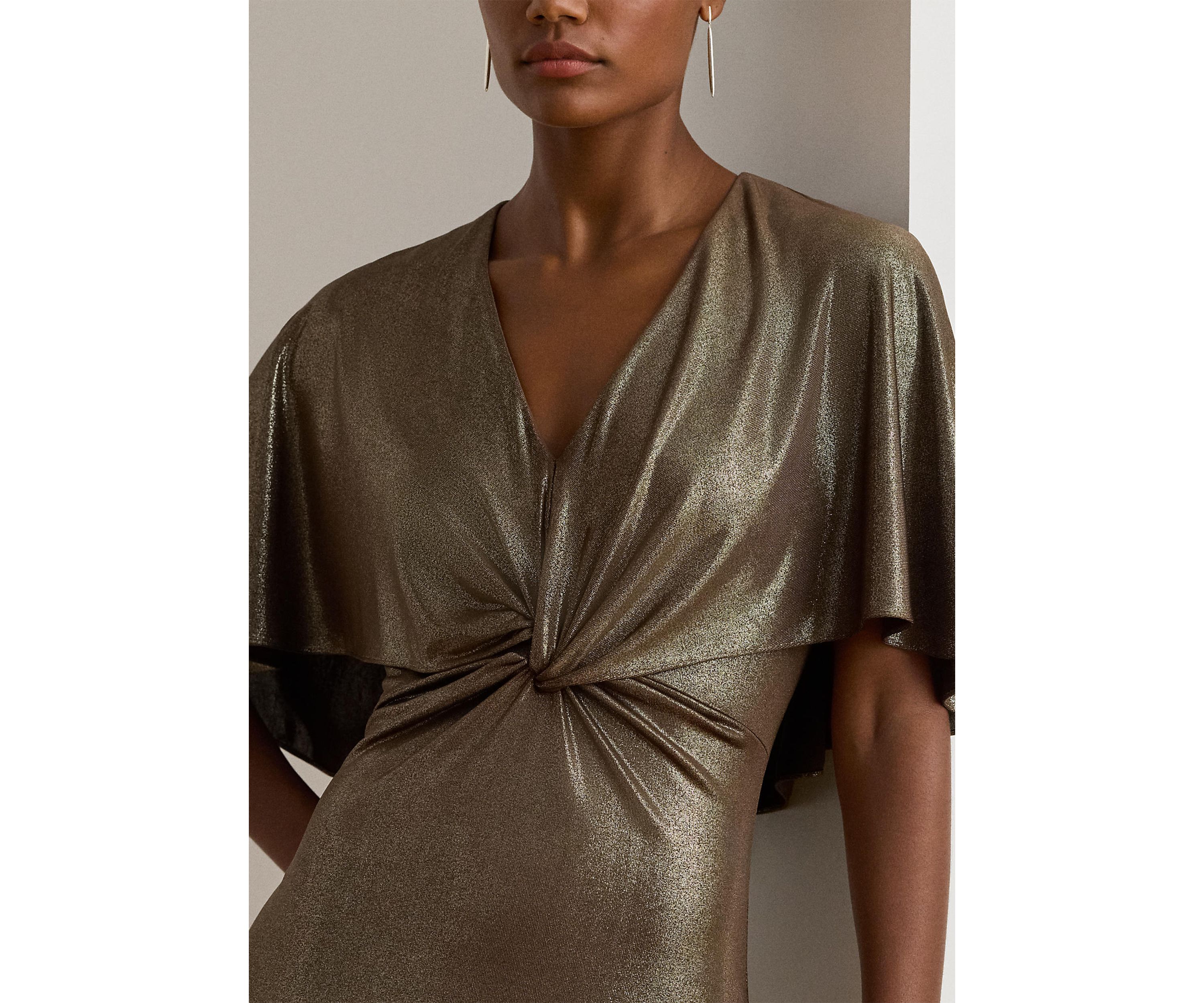 Metallic Jersey Twist-Front Cape Gown