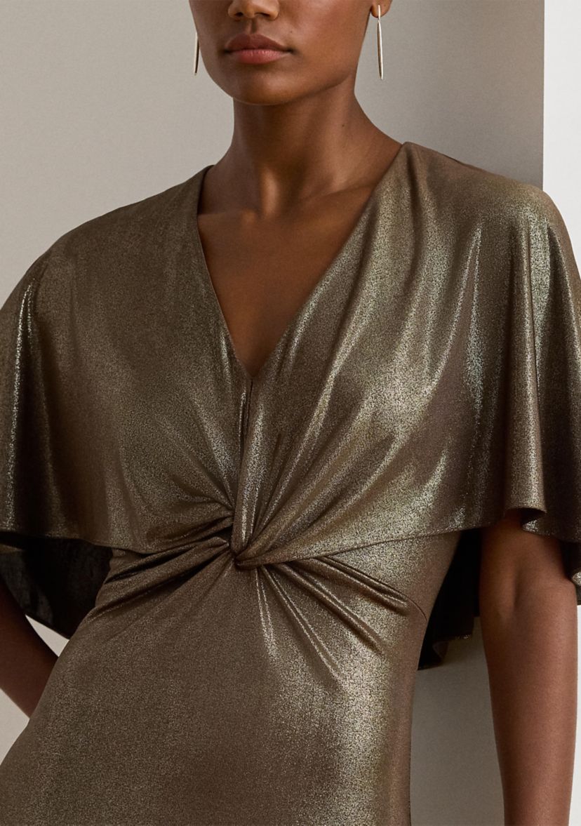 Metallic Jersey Twist-Front Cape Gown