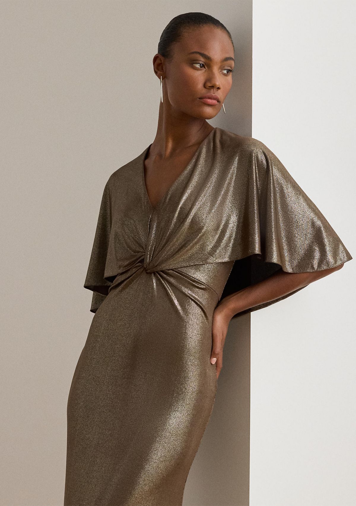 Metallic Jersey Twist-Front Cape Gown