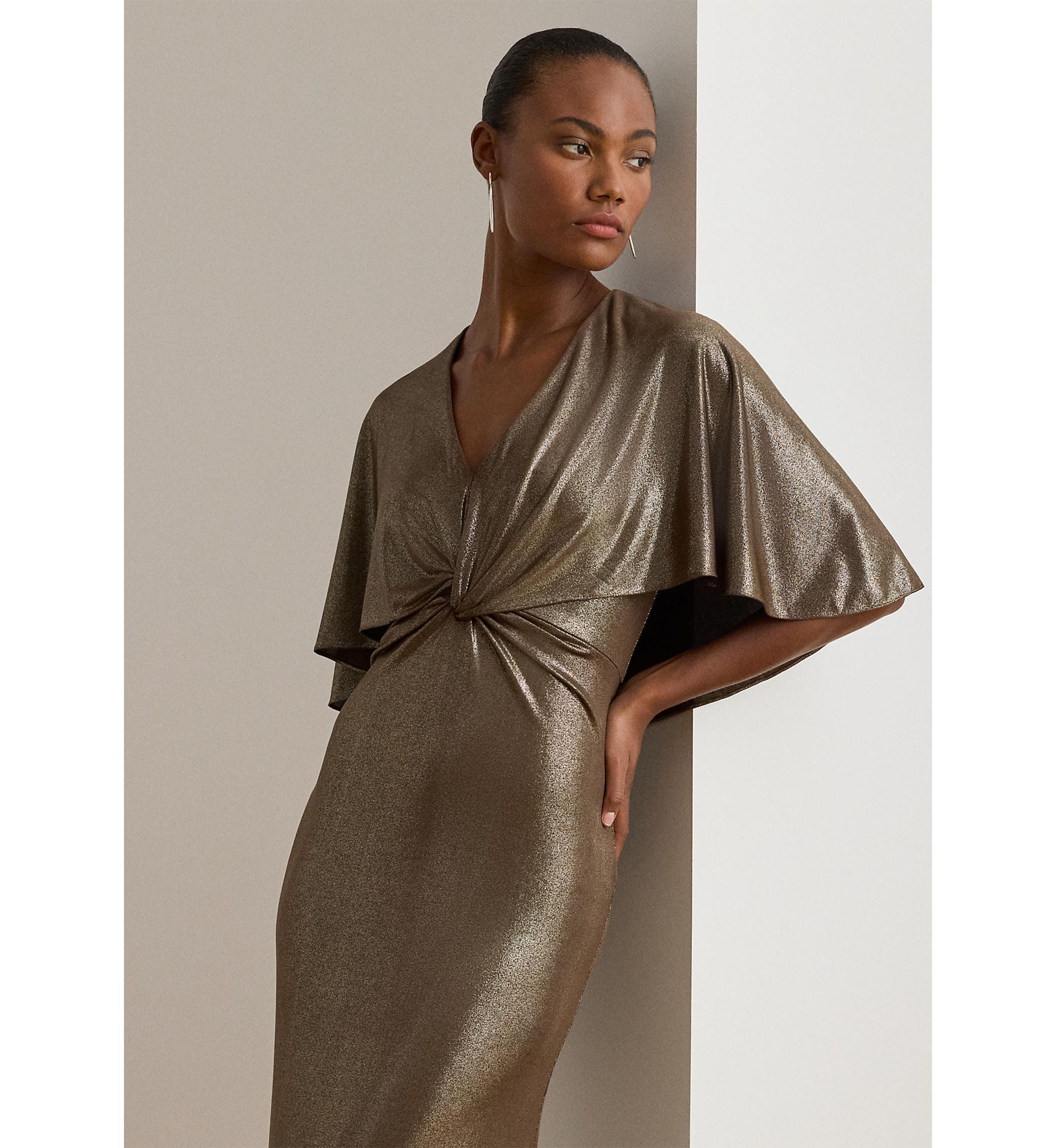 Metallic Jersey Twist-Front Cape Gown