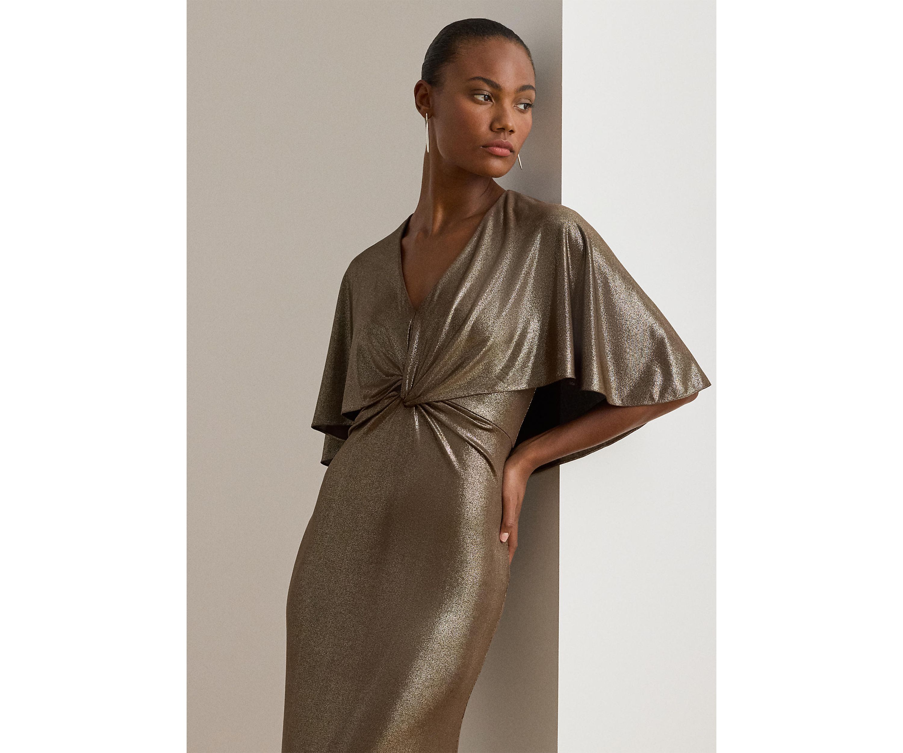 Metallic Jersey Twist-Front Cape Gown