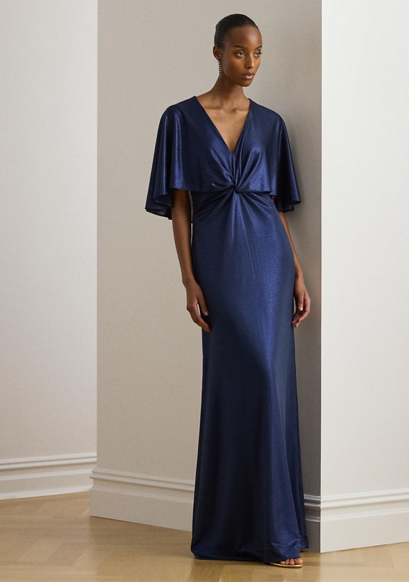 Lauren Ralph Lauren Metallic Jersey Twist-Front Cape Gown | Belk