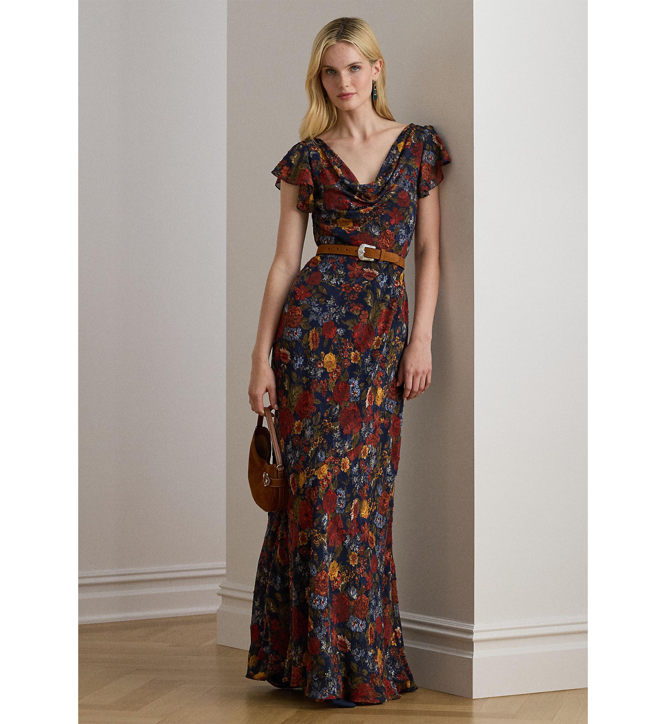 Floral Clipped Jacquard Cowlneck Gown