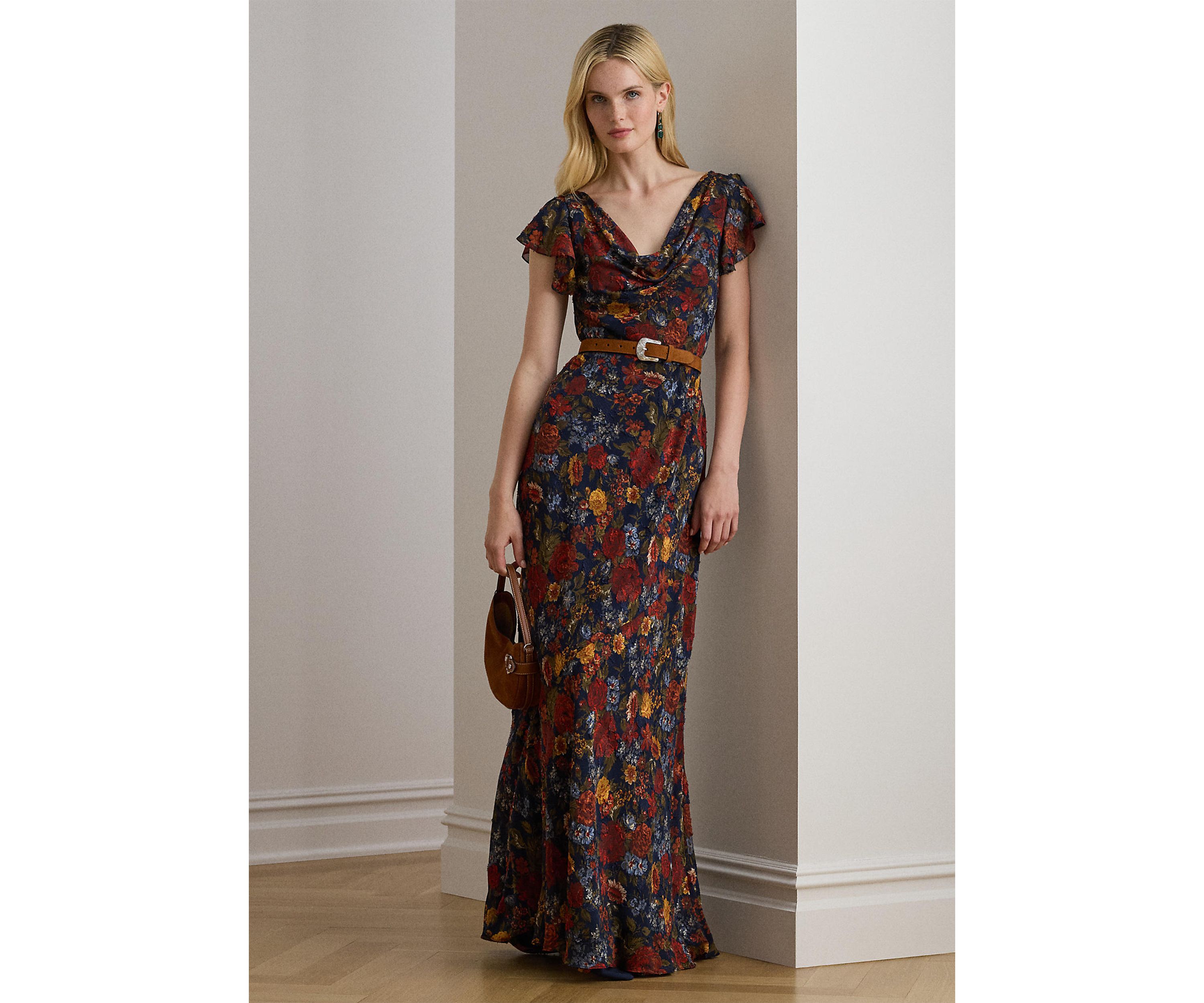 Floral Clipped Jacquard Cowlneck Gown