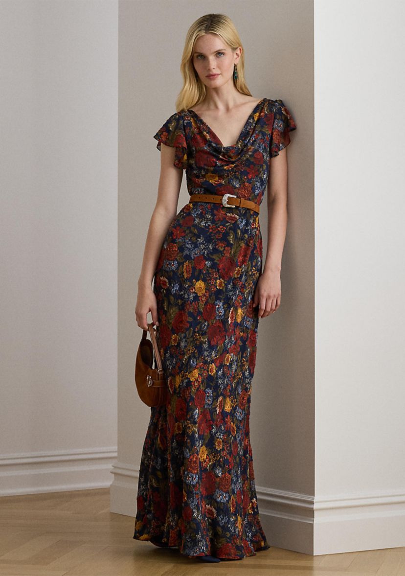 Floral Clipped Jacquard Cowlneck Gown