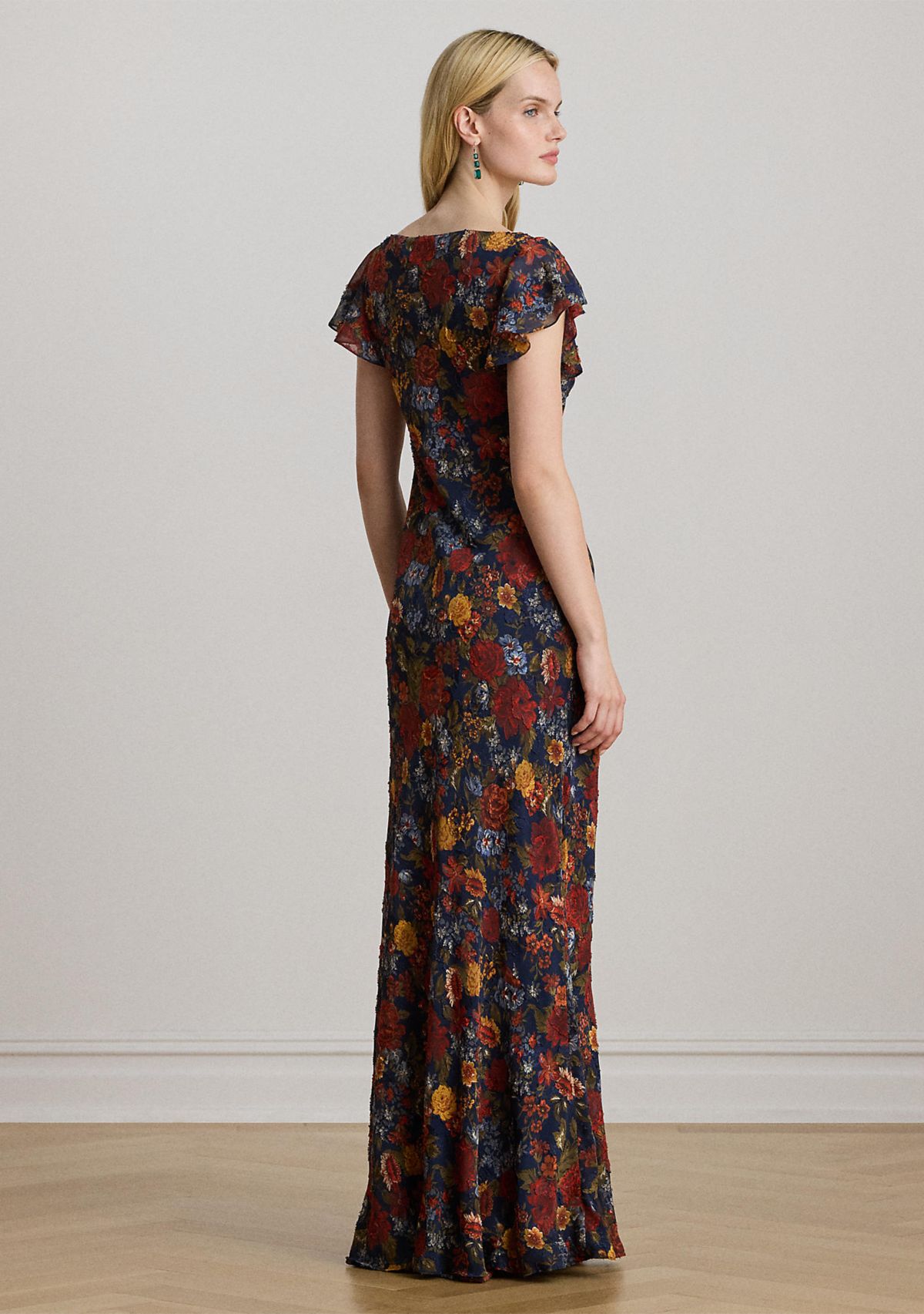 Floral Clipped Jacquard Cowlneck Gown
