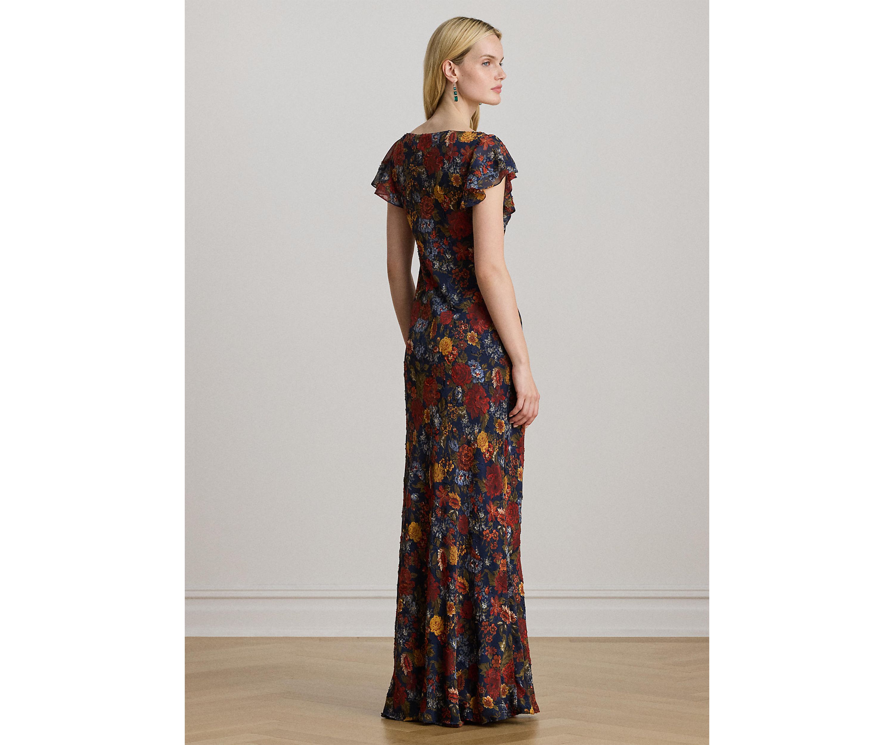 Floral Clipped Jacquard Cowlneck Gown