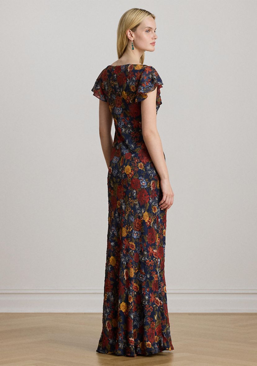 Floral Clipped Jacquard Cowlneck Gown