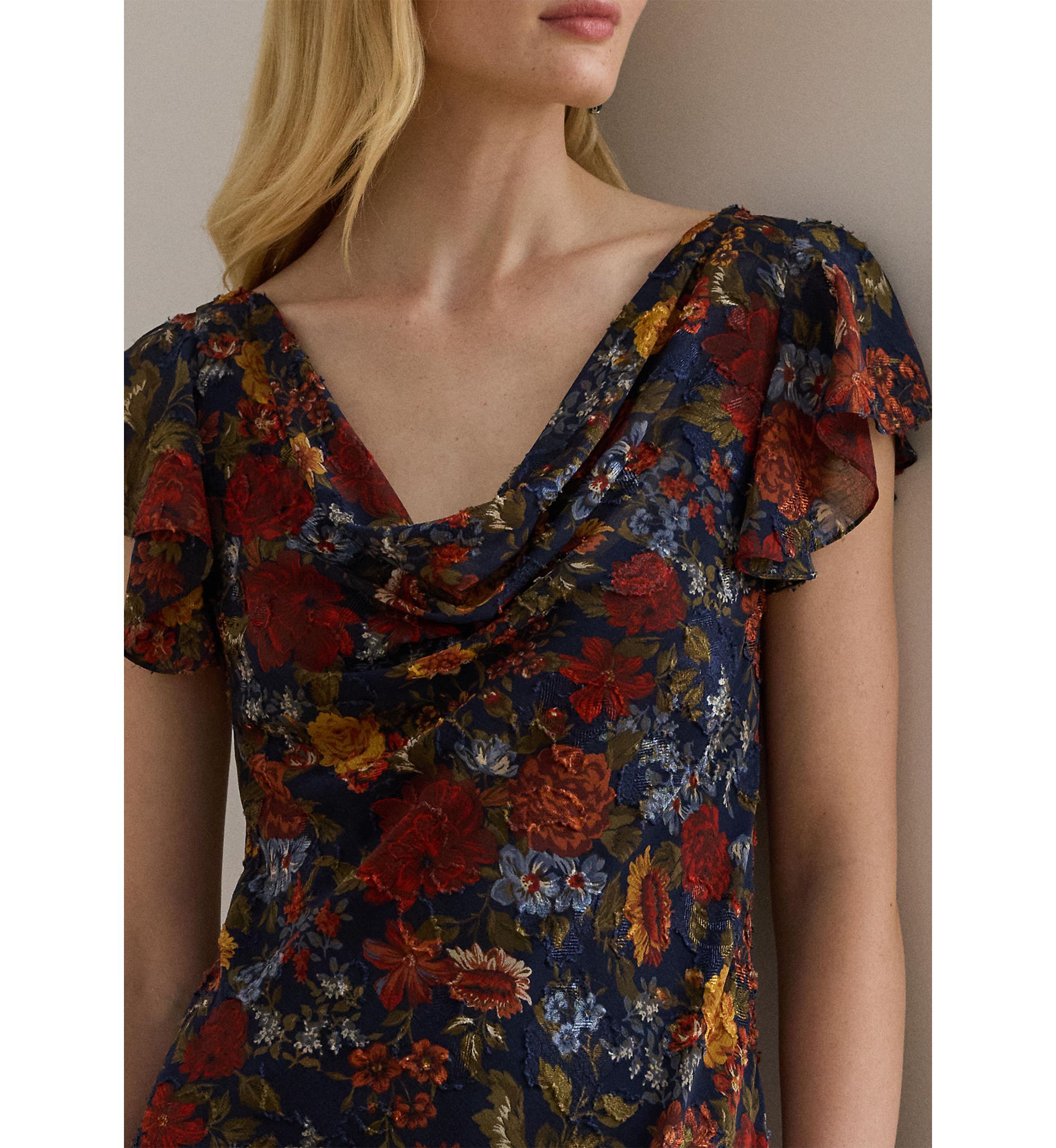 Floral Clipped Jacquard Cowlneck Gown