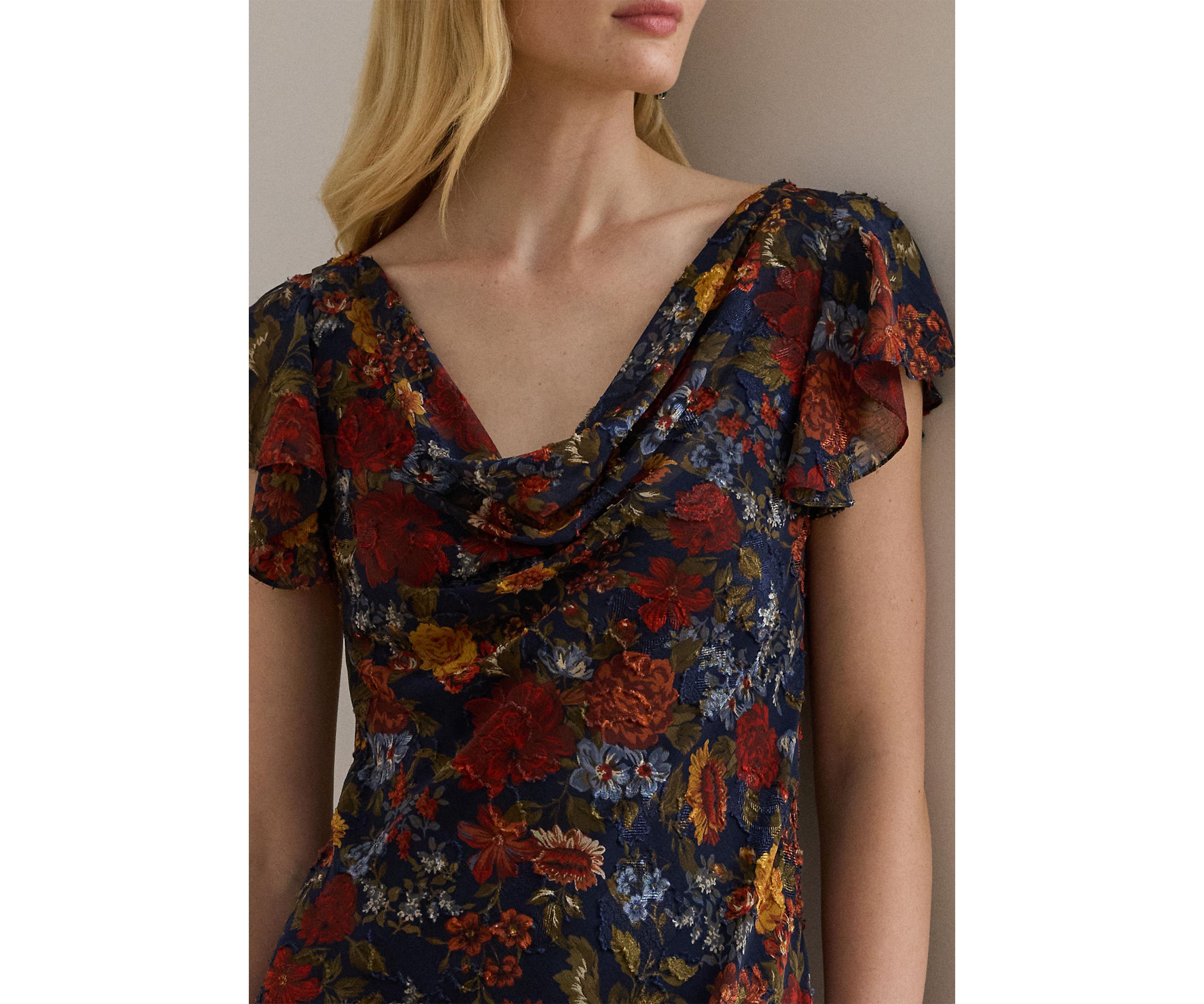Floral Clipped Jacquard Cowlneck Gown