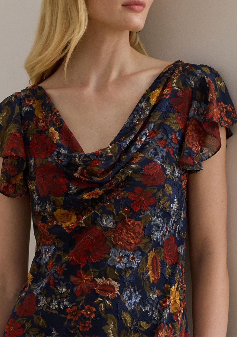 Floral Clipped Jacquard Cowlneck Gown