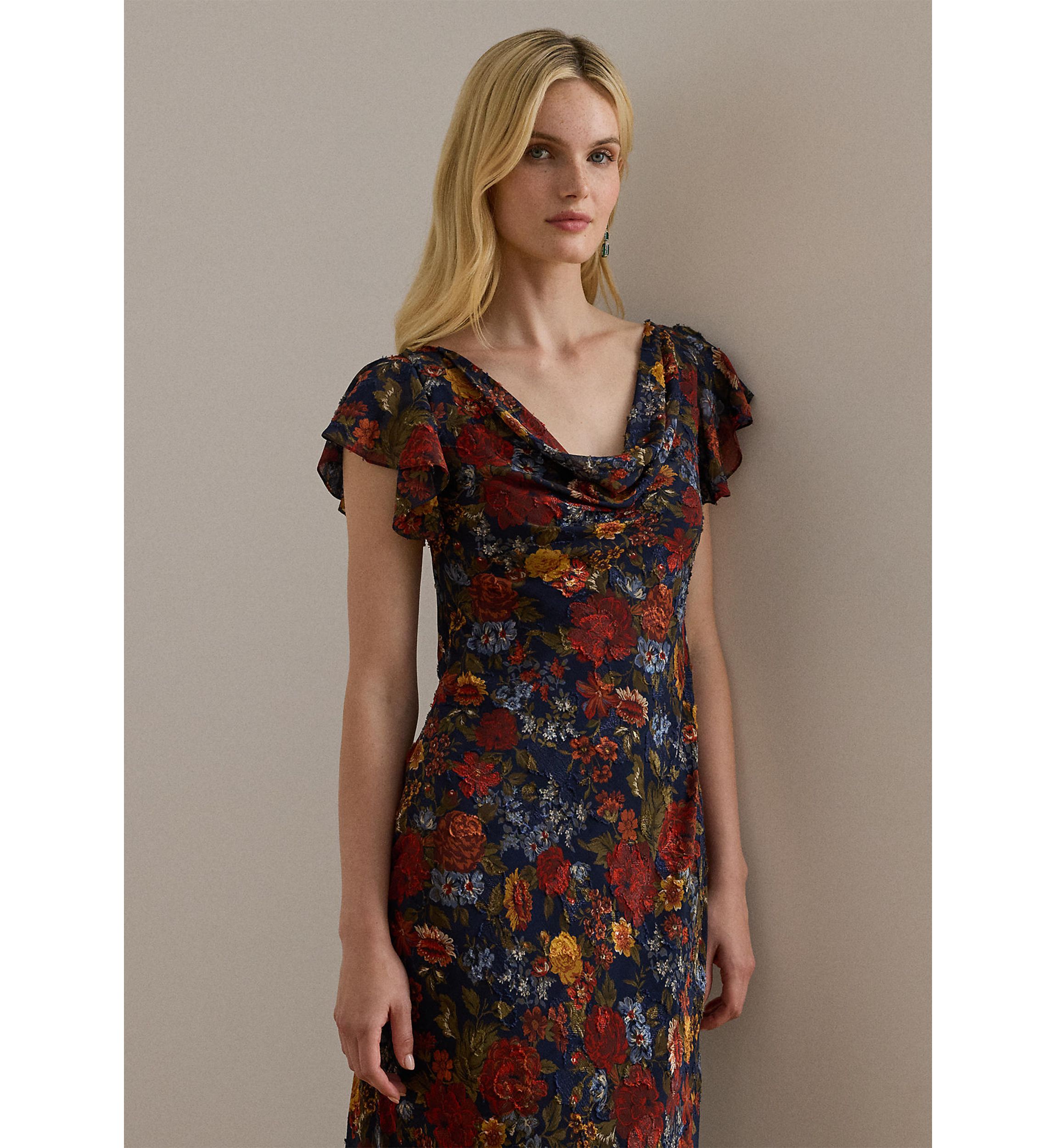 Floral Clipped Jacquard Cowlneck Gown