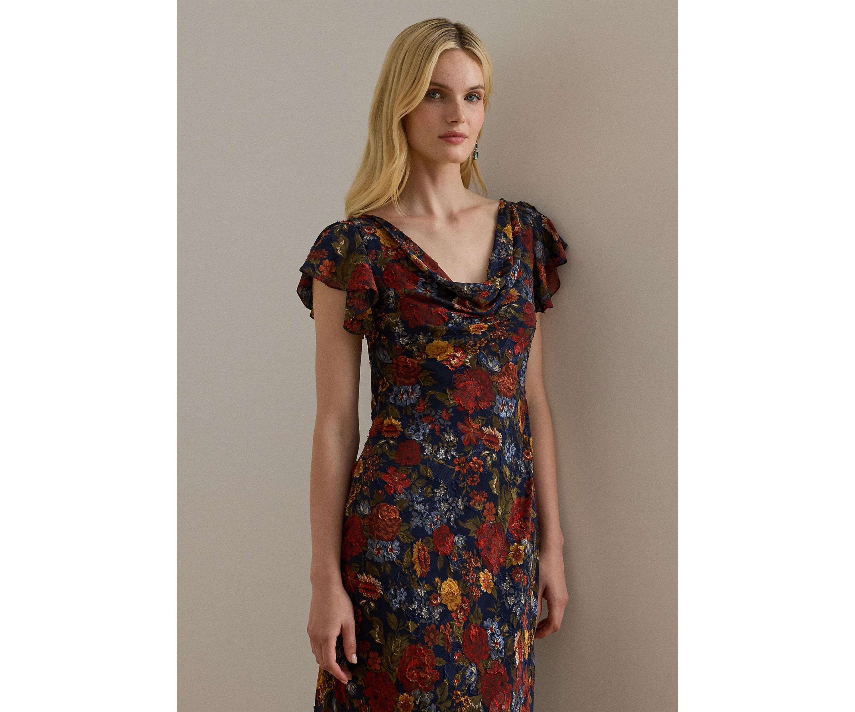 Floral Clipped Jacquard Cowlneck Gown
